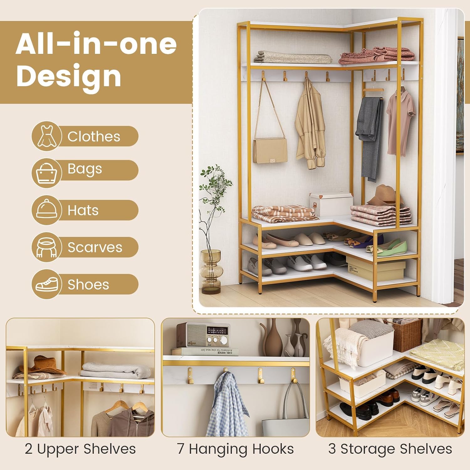 Giantex Corner Coat Rack with Shoe Bench, L-Shaped Garment Rack with 5 Shelves & 7 Hooks, Heavy Duty Freestanding Clothes Racks Entryway Bench with Shoes Organizer for Hallway (White & Gold)