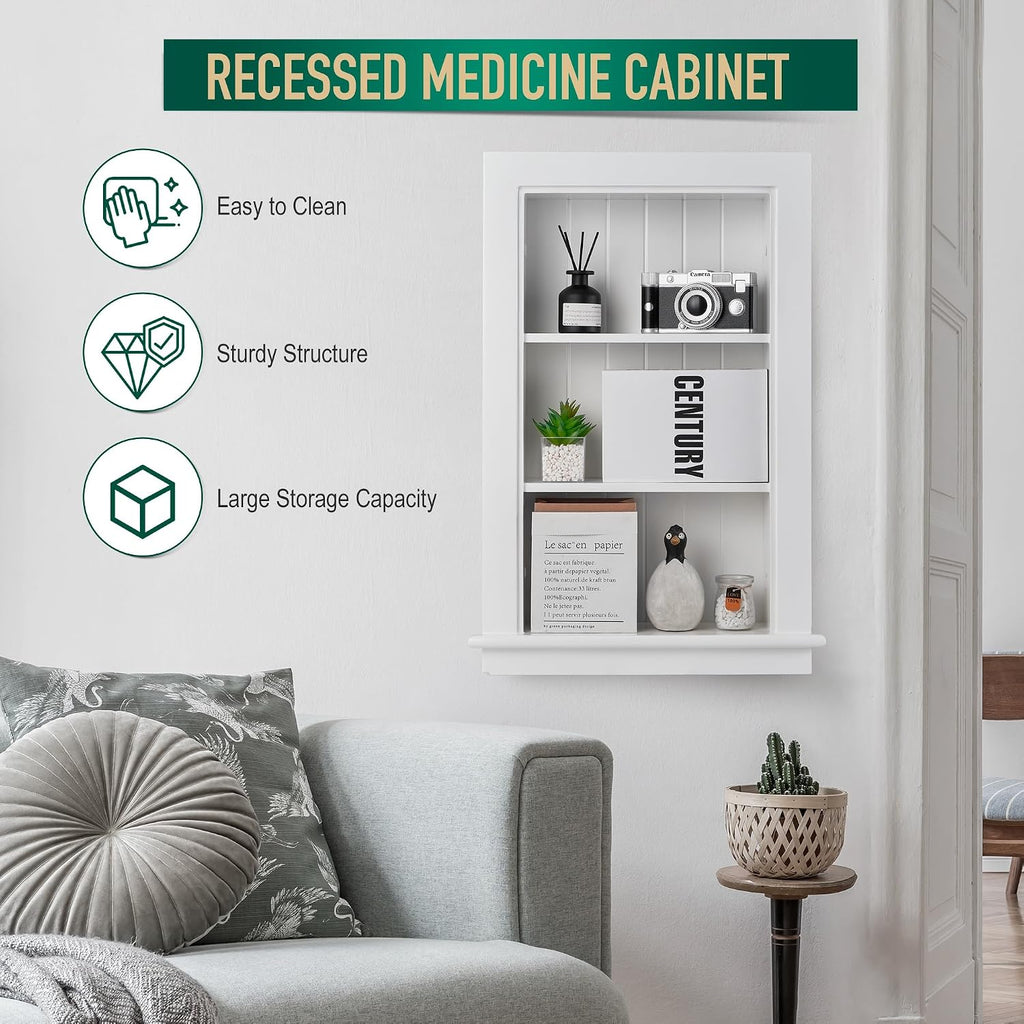 14 x 24 Medicine Cabinet Recessed, Wall Niche, Bathroom Wall Cabinet, 3-Tier, Between Studs Shelving for Drywall, White