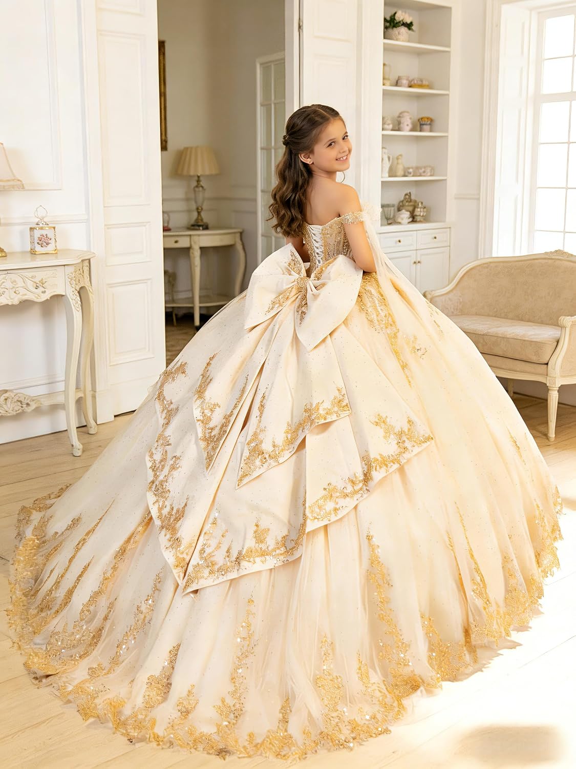 Sequin Applique Flower Girl Dress Gold Lace Pageant Dresses for Girls with Bow Off Shoulder First Communion Dress