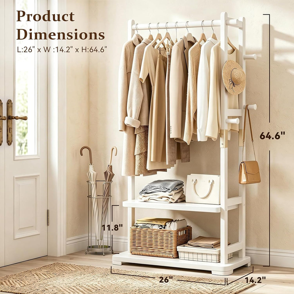 Solid Wood Clothes Rack with 2 Shelves & 4 Hooks for Hanging Clothes Garment Wallets Hats, White Clothing Rack Heavy Duty Coat Rack Freestanding with Storage Hall Tree for Hallway Bedroom Living Room