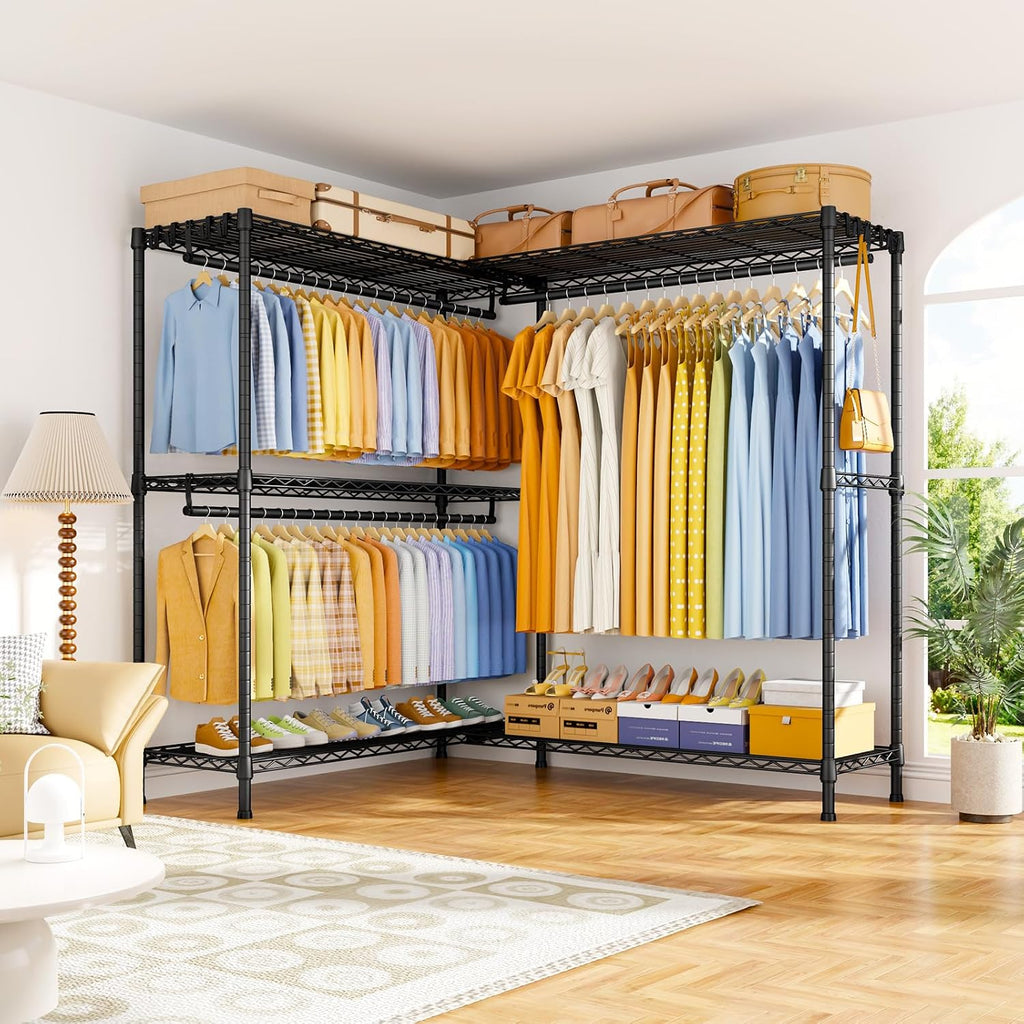 ULIFHOME E15 Max Garment Rack L Shaped Clothes Rack for Corner，Freestanding Clothing Racks for Hanging Clothes，Heavy Duty Closet System with 4 Hanging Rods & 8 S Hooks，57' W x 15.8' D x 78.4' H，Black