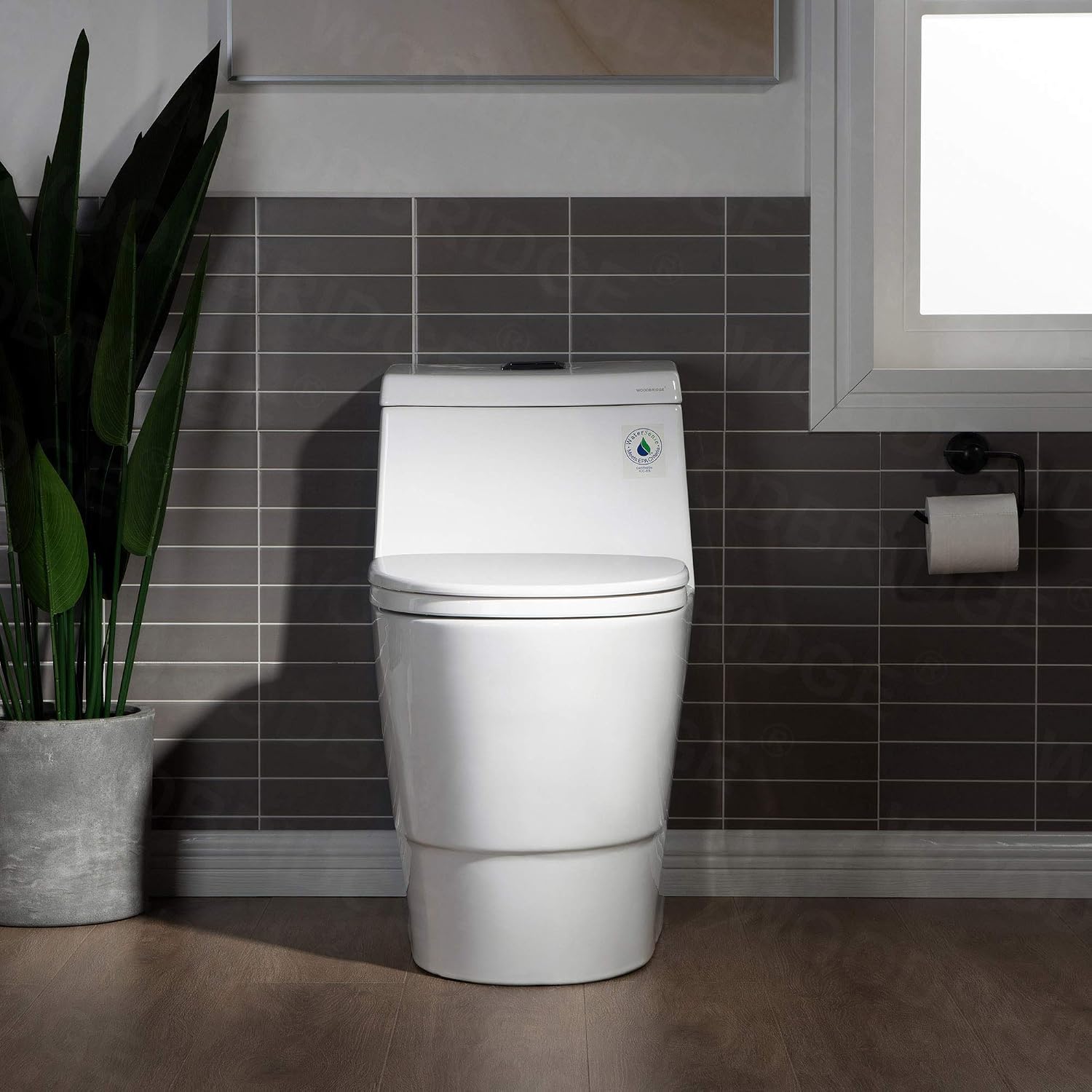 WOODBRIDGEE One Piece Toilet with Soft Closing Seat, Chair Height, 1.28 GPF Dual, Water Sensed, 1000 Gram MaP Flushing Score Toilet with Mattle Black, White,B0940-F-MB