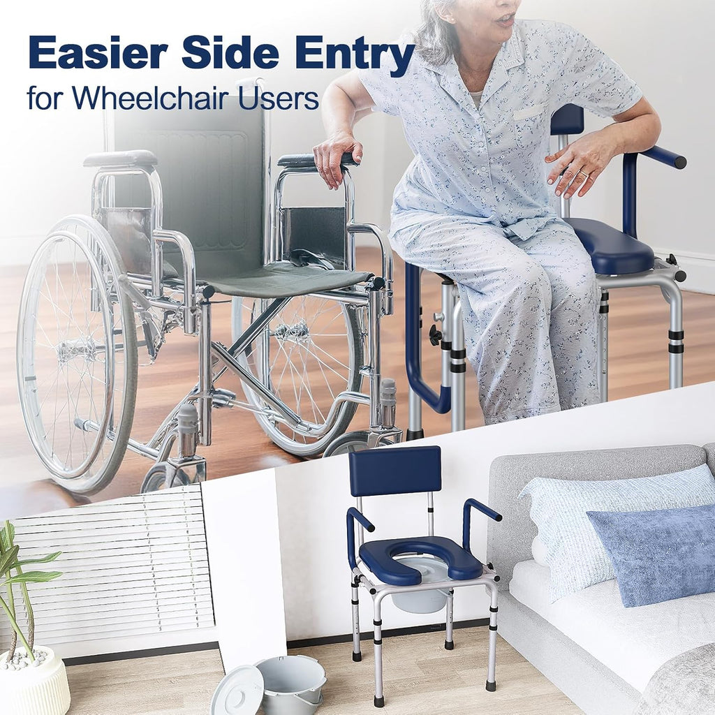 Drop Arm Bedside Commode, Commode Toilet with Padded Seat and Backrest, 400lbs Capacity, 6.3QT Removable Bucket and Splash Guard, Adjustable Height Portable Toilet for Adults, Blue