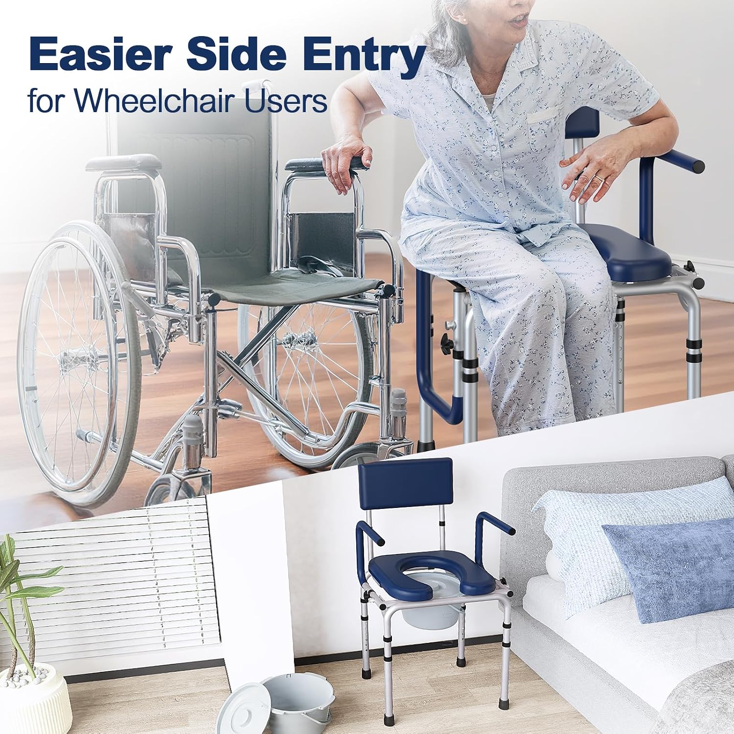 Drop Arm Bedside Commode, Commode Toilet with Padded Seat and Backrest, 400lbs Capacity, 6.3QT Removable Bucket and Splash Guard, Adjustable Height Portable Toilet for Adults, Blue