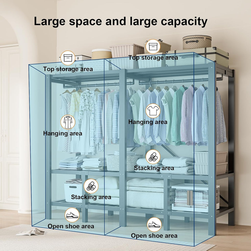 Large Portable Closets for Hanging Clothes | Heavy Duty Clothes Rack with Cover Foldable | Max Load 1000LBS Portable Wardrobe | Portable Closet, Double Rods Bedroom (Black-magnetic door, 49.2')