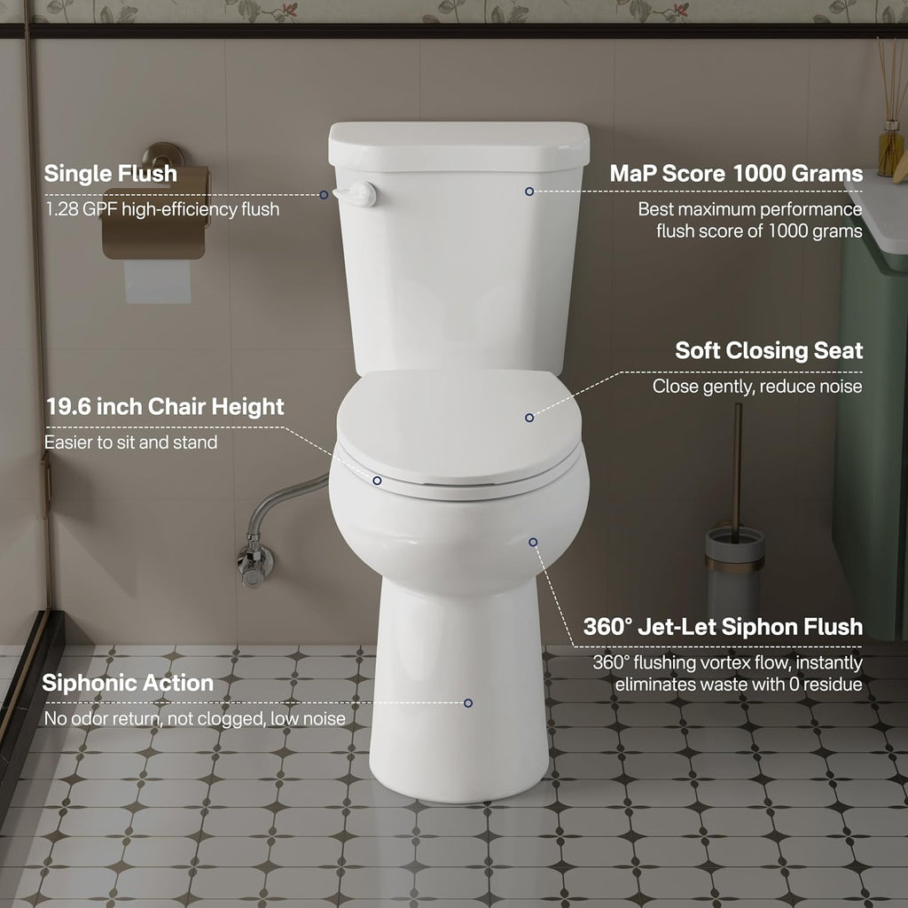 Eridanus Tall Two Piece Toilet, ADA Compliant Chair Height 19.7', Elongated Toilets Bowl 19' with Soft Close Seat, Single Flush 1.28 GPF Powerful Siphon, 12' Rough-In Floor Mounted Commode for Seniors