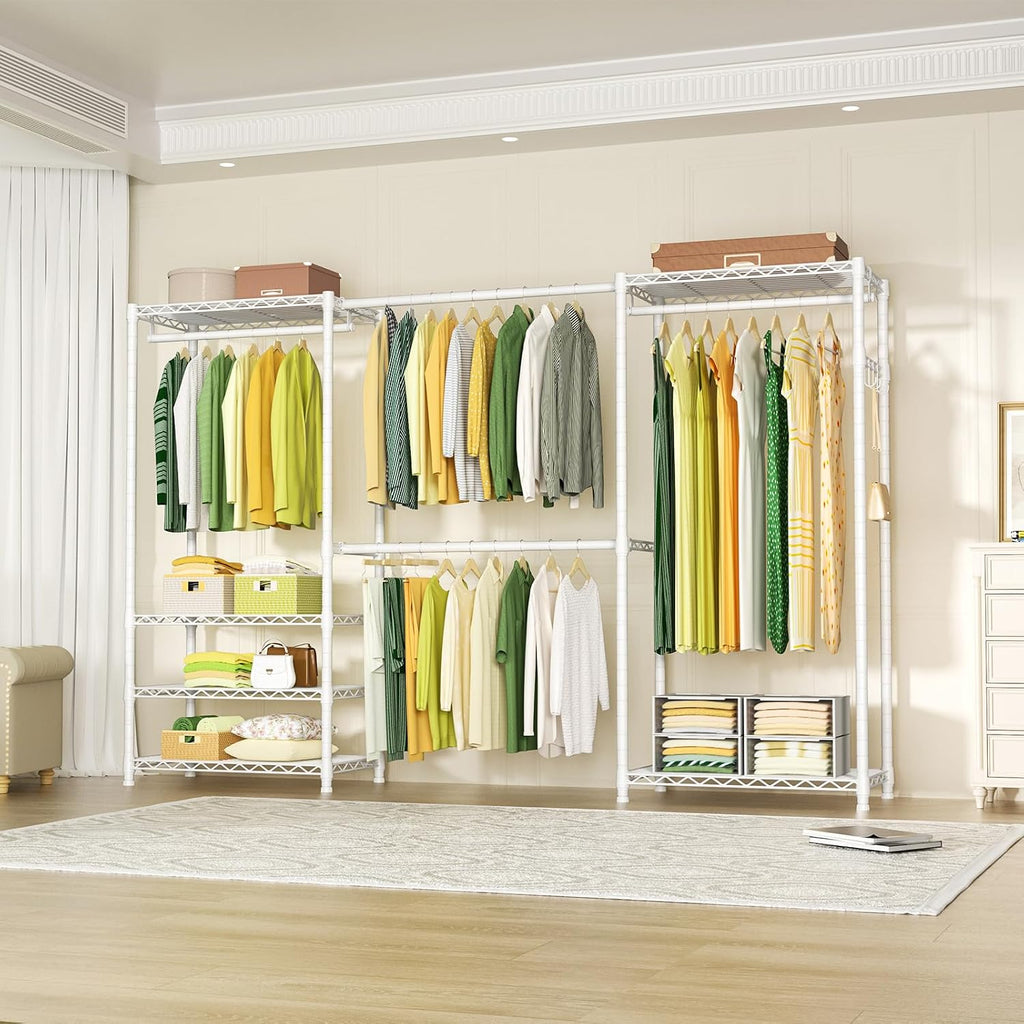 Ulif E1 Heavy Duty Closet Garment Rack, 6 Tiers Adjustable Metal Freestanding Expandable Clothing Storage with 4 Hanger Rods, Easy to Assemble Wardrobe, 71.4' H x (70' - 88.2') L x 14' D, White