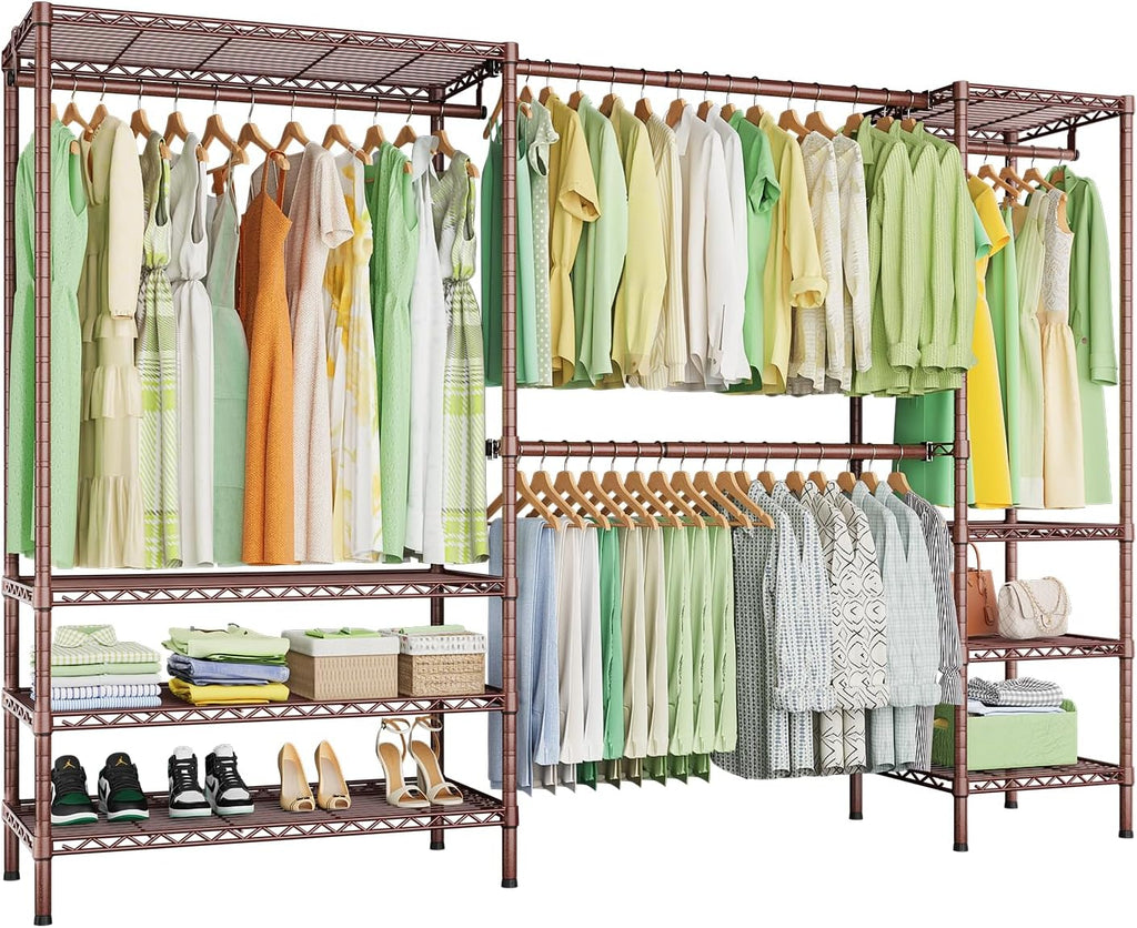Ulif E11 Heavy-Duty Garment Rack, Metal Freestanding Clothes Rack and Closet Storage Organizer System with 8 Shelves and 4 Hanger Rods, (73.2-97.6)' W x 14.5' D x 71.2' H, Load 1034 LBS, Bronze