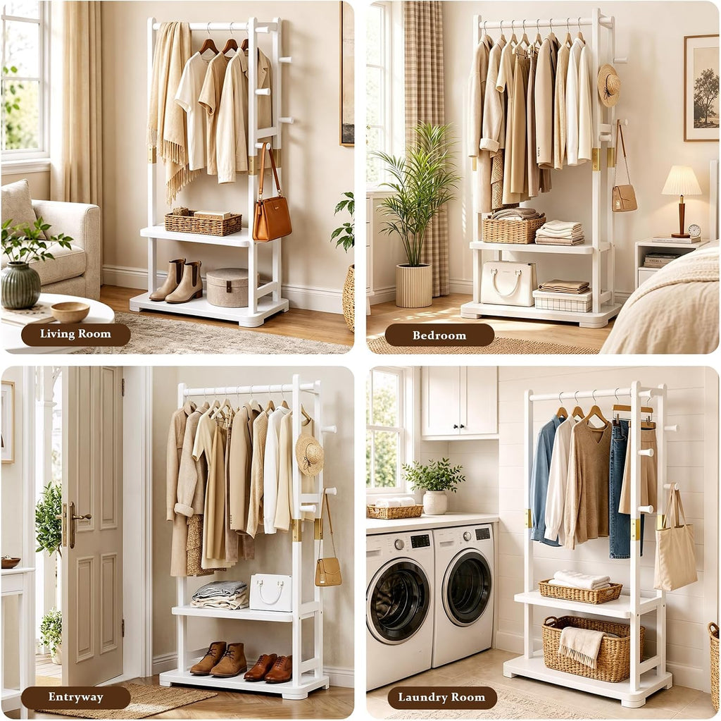 Solid Wood Clothes Rack with 2 Shelves & 4 Hooks for Hanging Clothes Garment Wallets Hats, White Clothing Rack Heavy Duty Coat Rack Freestanding with Storage Hall Tree for Hallway Bedroom Living Room