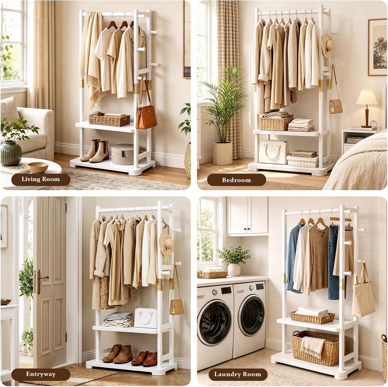 Solid Wood Clothes Rack with 2 Shelves & 4 Hooks for Hanging Clothes Garment Wallets Hats, White Clothing Rack Heavy Duty Coat Rack Freestanding with Storage Hall Tree for Hallway Bedroom Living Room
