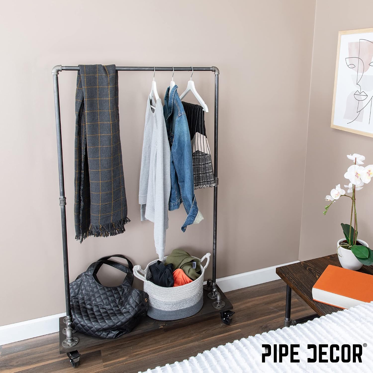 PIPE DECOR 36' x 11 ½' x 59 ½' Rolling Steel Pipe Clothing Rack with Wood Shelf, Commercial or Residential Industrial Clothes Display, Heavy Duty Black Steel Metal Wheeled Garment Frame