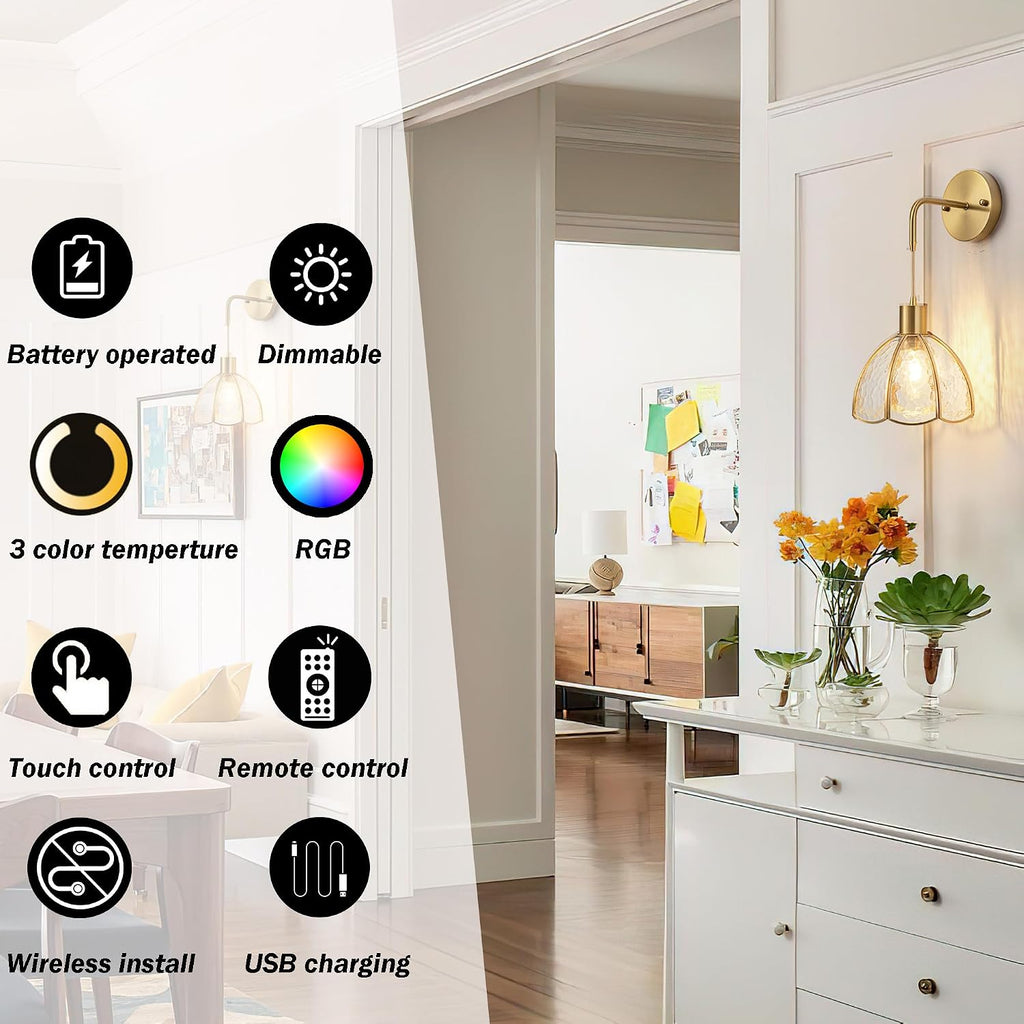 Battery Operated Wall Sconces Set Of Two, Indoor Not Hardwired Battery Wall Light With Remote Control, RGB Color Changing Dimmable Battery Powered Wall Lamp For Bedroom, Easy To Install, Bulb Included