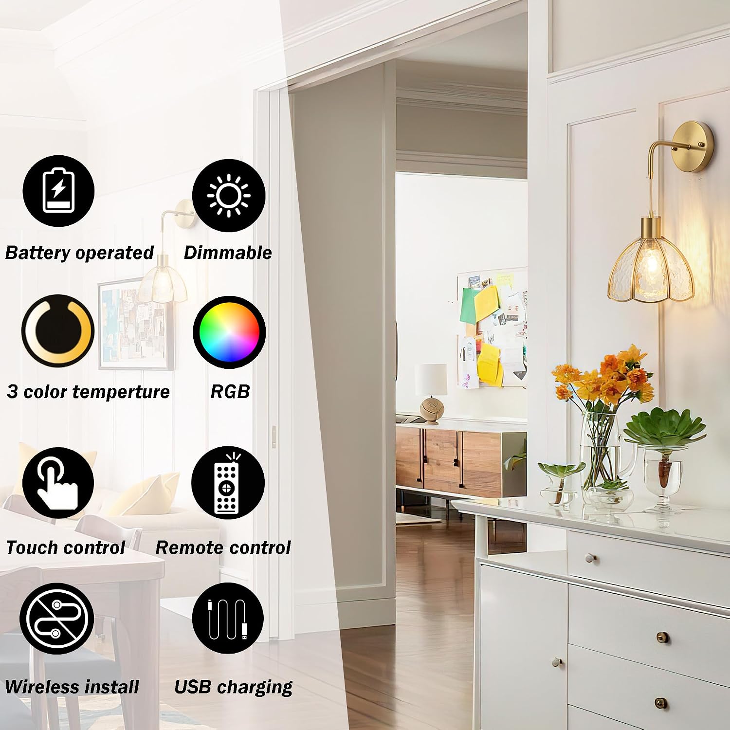 Battery Operated Wall Sconces Set Of Two, Indoor Not Hardwired Battery Wall Light With Remote Control, RGB Color Changing Dimmable Battery Powered Wall Lamp For Bedroom, Easy To Install, Bulb Included