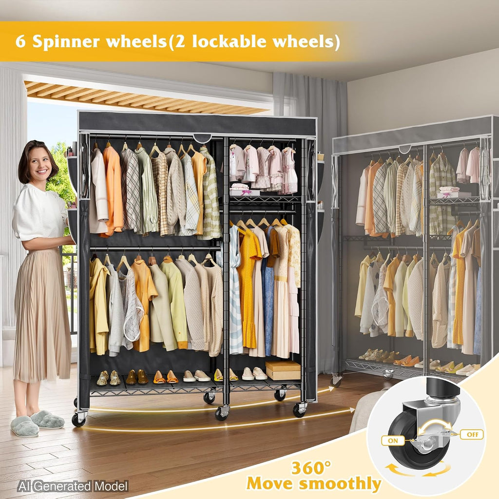 Raybee Rolling Clothes Rack with Cover, Clothing Racks for Hanging Clothes, Heavy Duty Portable Closet with Wheels, Garment Rack for Bedroom, Quick Assembly, Black