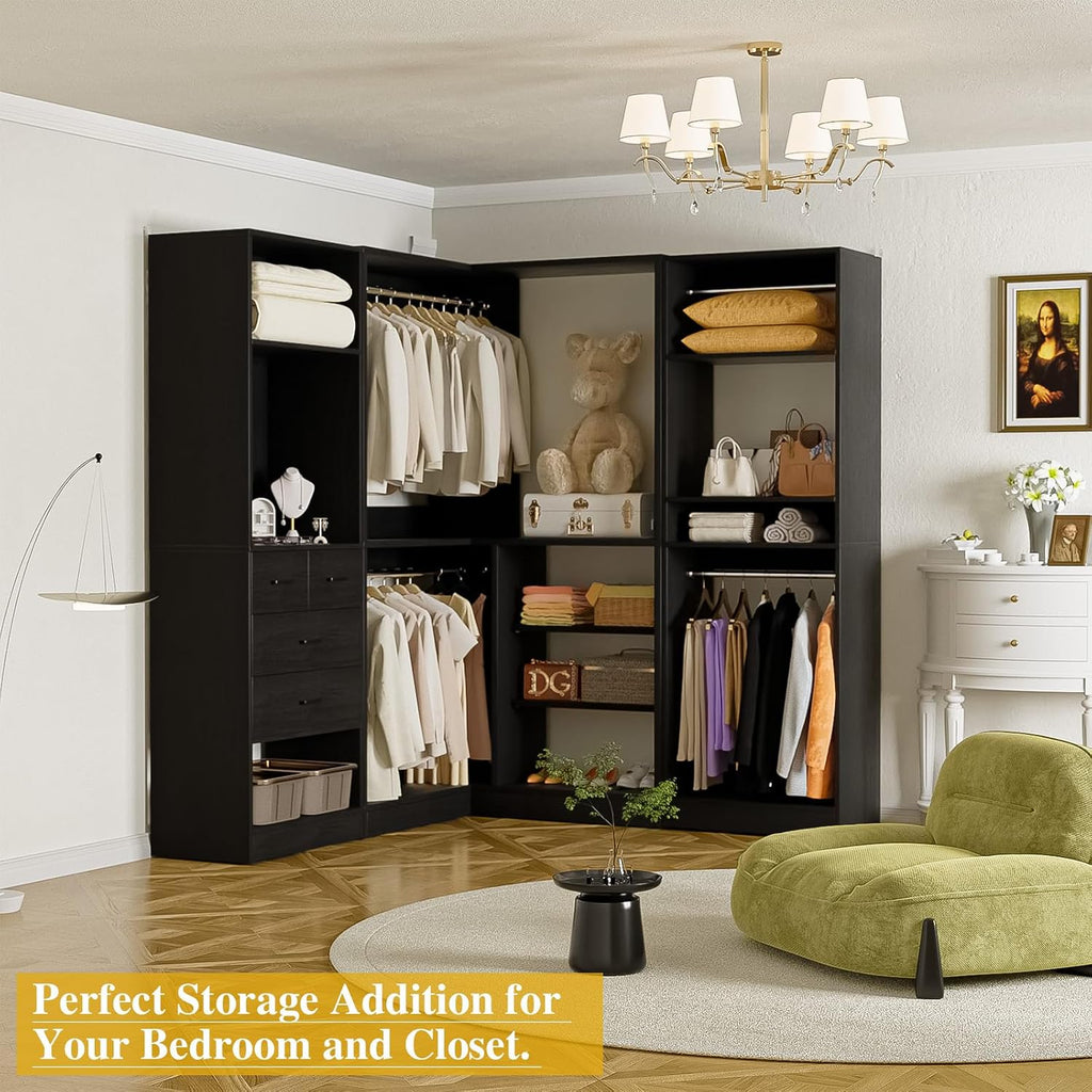 Unikito 86' Closet System, Corner Closets Organizer with Hanging Rods and Mirror, Freestanding Adjustable Clothes Garment Racks with Drawers, Sturdy Walk in Closet Kit with 3 Set Closets Tower, Black