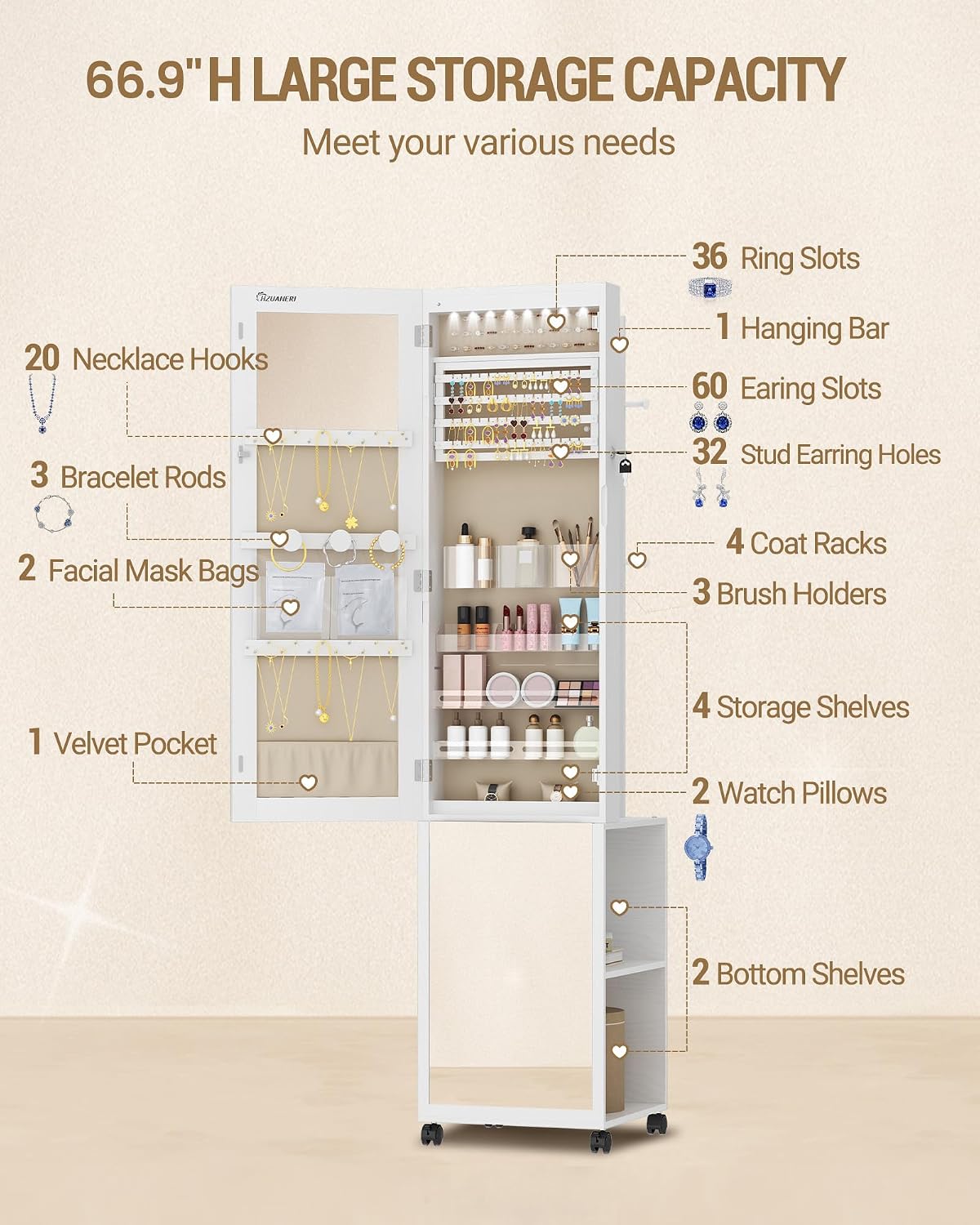 Hzuaneri 8 LEDs Jewelry Cabinet Armoire, 66.9-inch Jewelry Organizer with Garment Rack, Lockable Full-length Mirror with 4 Wheels, Storage Shelves with Hooks, 5-in-1, White and Beige JC17003BE
