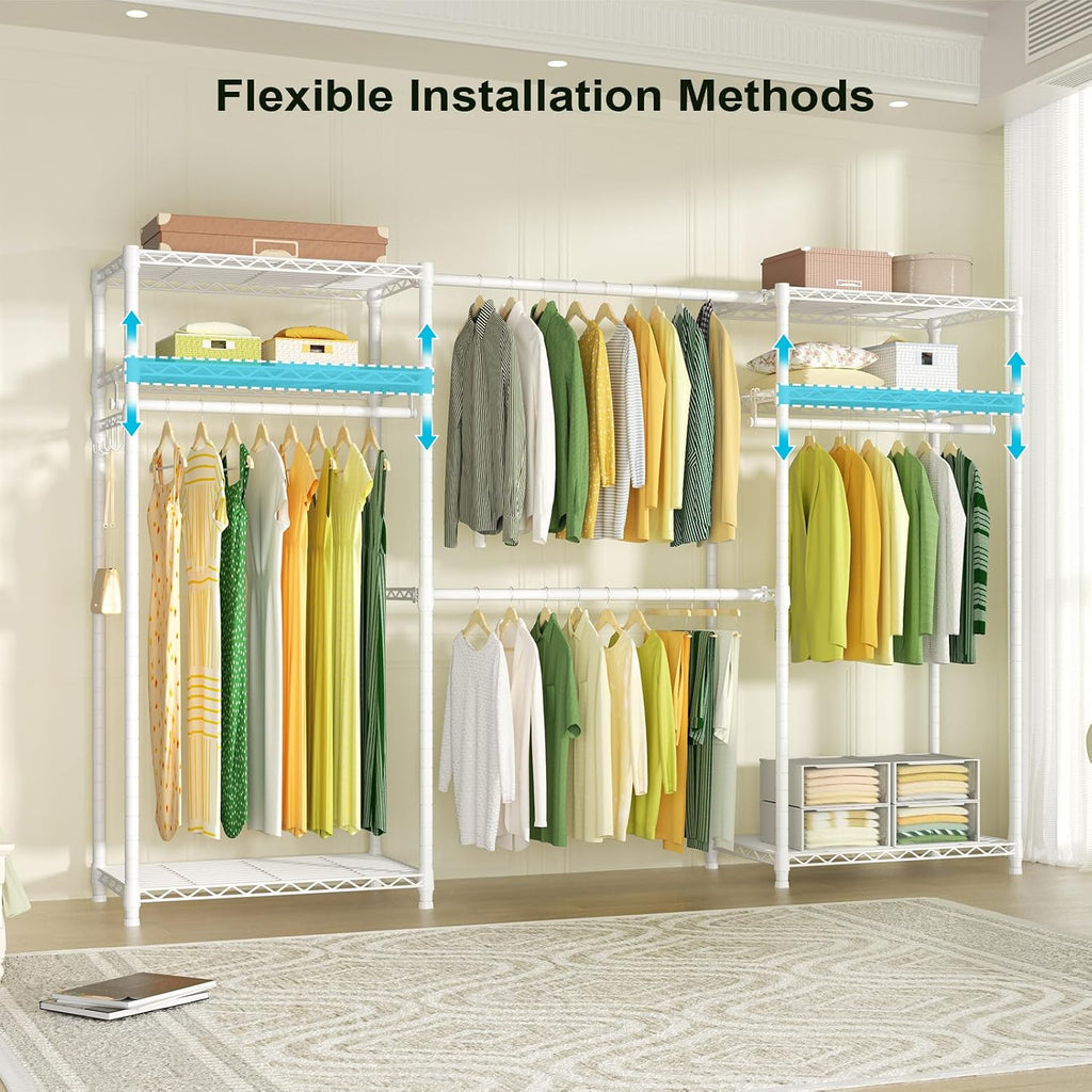 Ulif E1 Heavy Duty Closet Garment Rack, 6 Tiers Adjustable Metal Freestanding Expandable Clothing Storage with 4 Hanger Rods, Easy to Assemble Wardrobe, 71.4' H x (70' - 88.2') L x 14' D, White