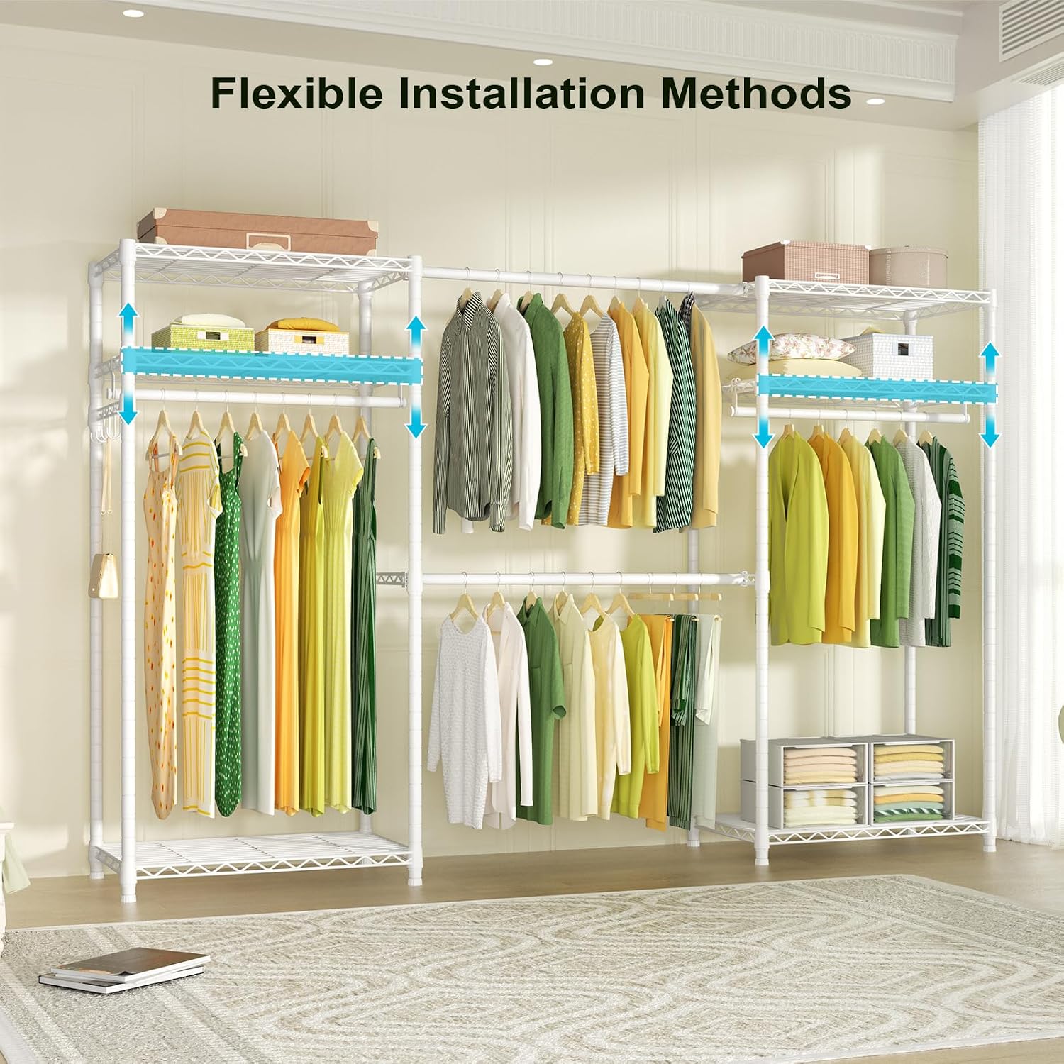 Ulif E1 Heavy Duty Closet Garment Rack, 6 Tiers Adjustable Metal Freestanding Expandable Clothing Storage with 4 Hanger Rods, Easy to Assemble Wardrobe, 71.4' H x (70' - 88.2') L x 14' D, White