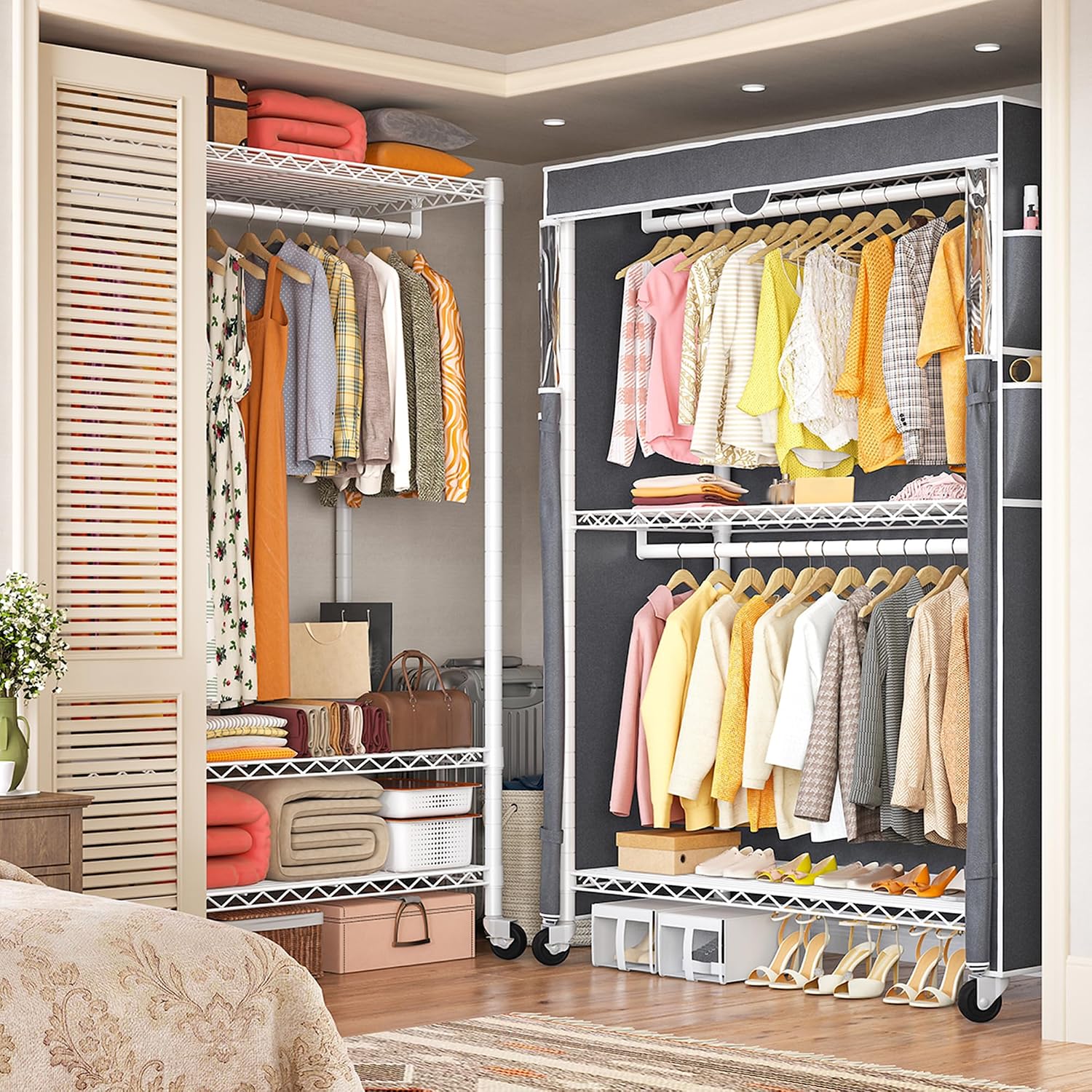 Raybee Rolling Clothes Rack with Cover, Clothing Racks for Hanging Clothes, Heavy Duty Portable Closet with Adjustable Shelves, Garment Rack for Bedroom, Tool-Free Assembly, Max Load 440LBS, White