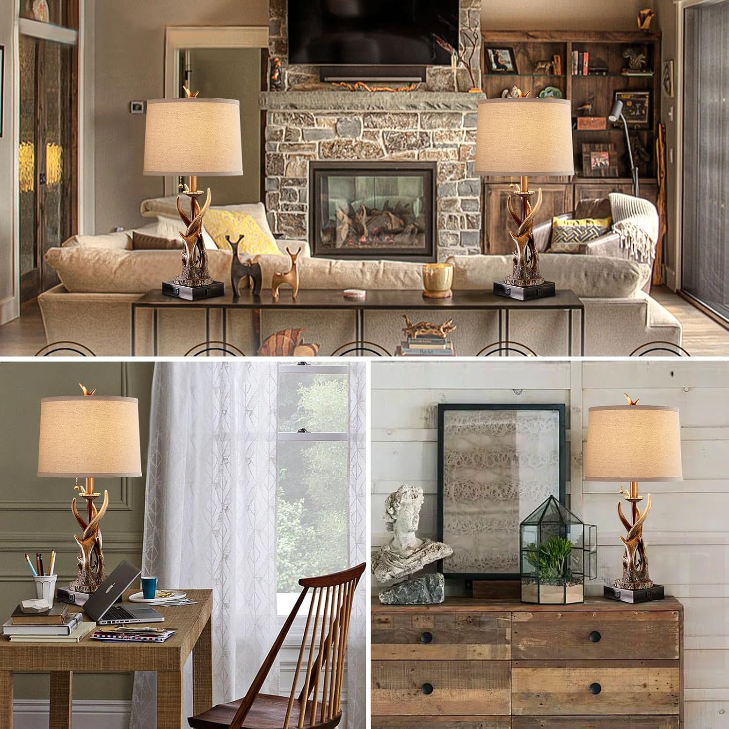 Rustic Antler Table Lamps Set of 2 with USB A+C Ports for Bedroom Farmhouse Deer Bedside Lamps with Linen Lampshade for Living Room End Table Hunting Themed Cabin Lamp Pull Chain