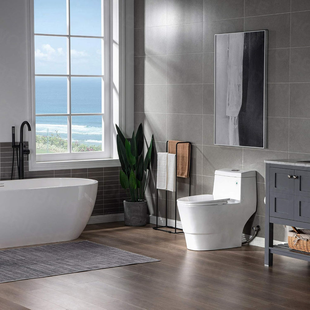 WOODBRIDGEE One Piece Toilet with Soft Closing Seat, Chair Height, 1.28 GPF Dual, Water Sensed, 1000 Gram MaP Flushing Score Toilet with Brushed Nickel, White,B0940-F-BN
