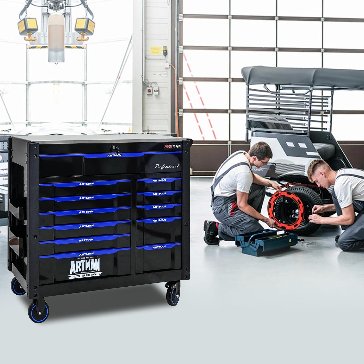 Large Tool Chest with Wheels, Rolling Toolbox with Drawers, Metal Storage Tool Cart with 41'' Stainless Steel Top and Side Handle for Garage, Shop (Bonus Drawer Liners) — Black/Blue