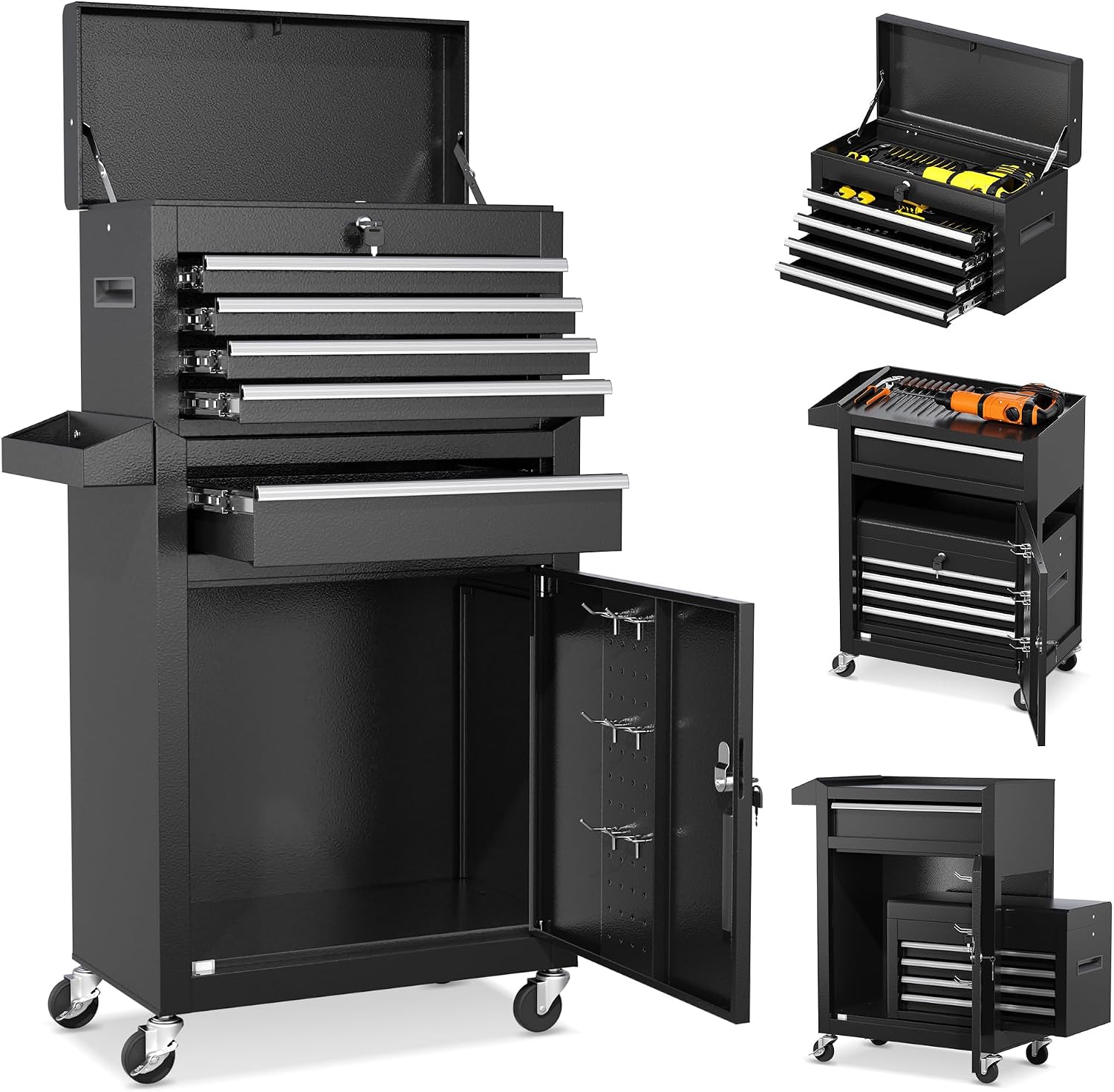 INTERGREAT Rolling Tool Chest, 5-Drawer Tool Box Organizer w/Lockable Wheels & Sliding Drawers & Detachable Top, Tool Storage Cabinet for Garage Workshop, Black