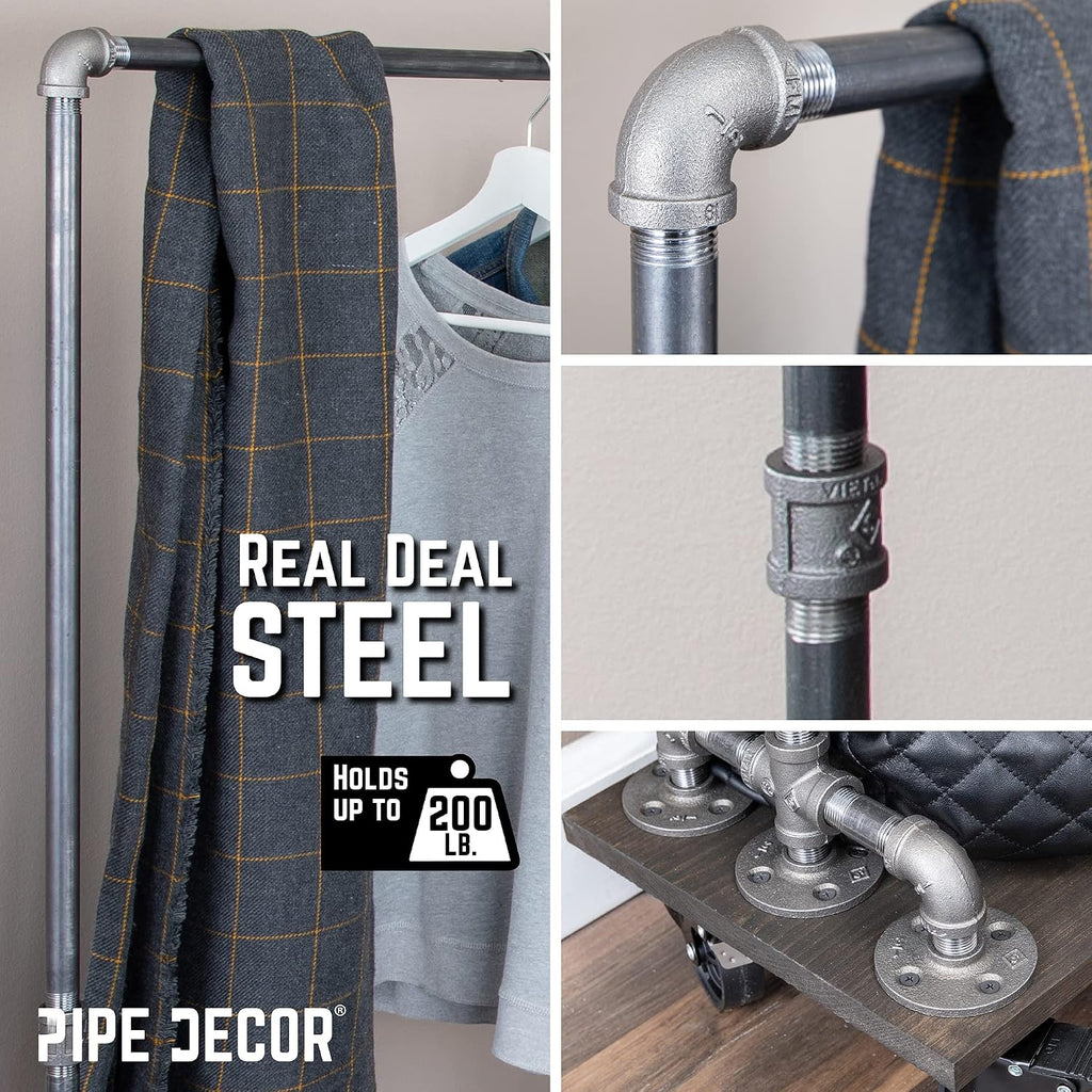 PIPE DECOR 36' x 11 ½' x 59 ½' Rolling Steel Pipe Clothing Rack with Wood Shelf, Commercial or Residential Industrial Clothes Display, Heavy Duty Black Steel Metal Wheeled Garment Frame