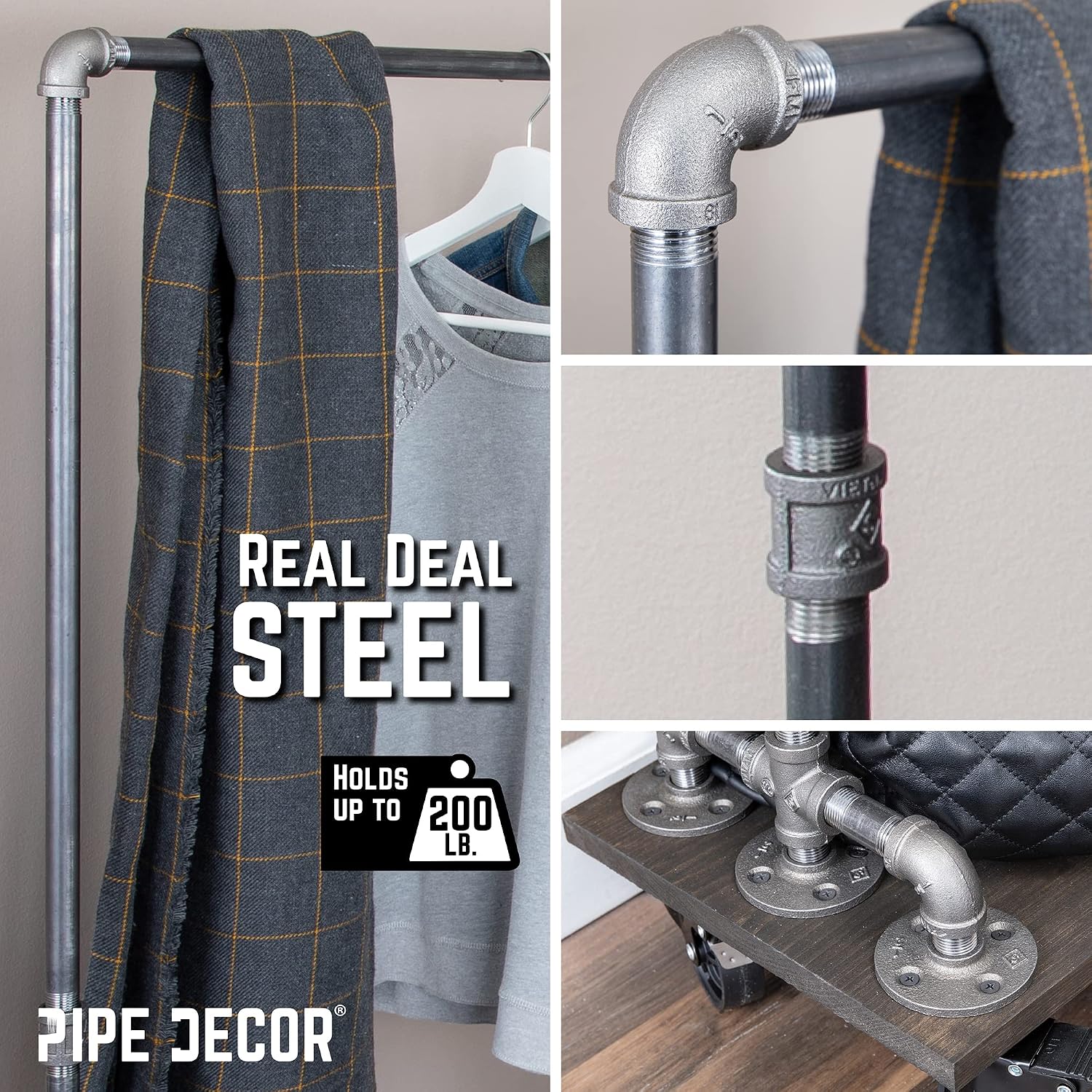 PIPE DECOR 36' x 11 ½' x 59 ½' Rolling Steel Pipe Clothing Rack with Wood Shelf, Commercial or Residential Industrial Clothes Display, Heavy Duty Black Steel Metal Wheeled Garment Frame
