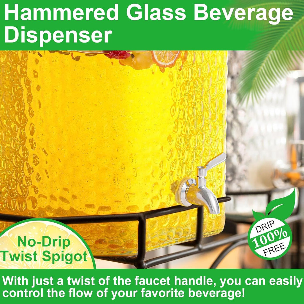 2 Pack 5 Gallon Glass Water Drink Dispenser for Party, Hammered Glass Beverage Dispenser, Water Jug Container with Stainless Steel Spigot for Parties, Weddings, Catering, Lemonade, Iced Tea