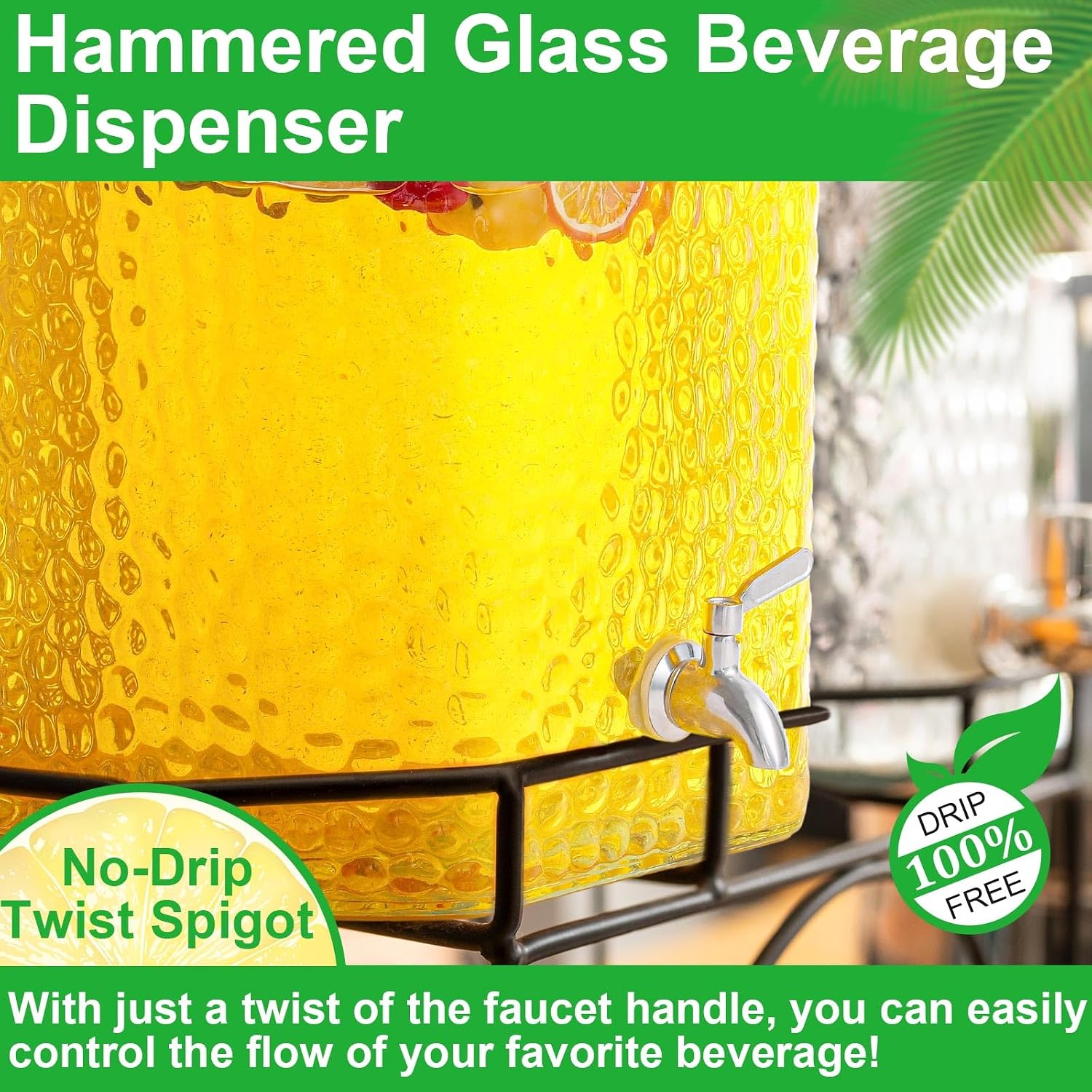 2 Pack 5 Gallon Glass Water Drink Dispenser for Party, Hammered Glass Beverage Dispenser, Water Jug Container with Stainless Steel Spigot for Parties, Weddings, Catering, Lemonade, Iced Tea