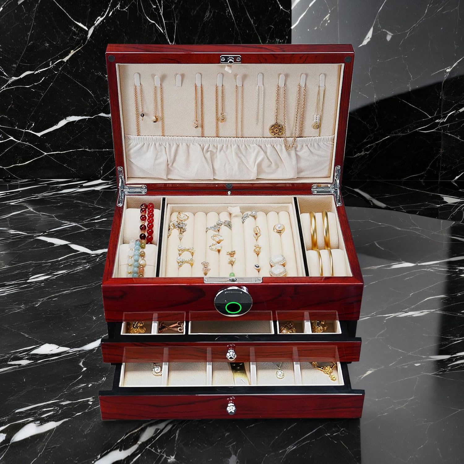 Wood Jewelry Box for Women, 3-layers Large Jewelry Storage Box&Organizer Fingerprint Lock, Drawers Full Locking, Mother Gifts (3L-RS)