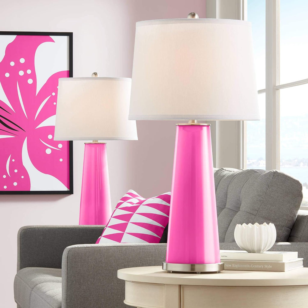 Color + Plus Leo Modern Table Lamps 29 1/2' Tall Set of 2 Blossom Pink Glass Tapered Column Plain White Drum Shade Decor for Bedroom Living Room House Home Bedside Nightstand Office Family