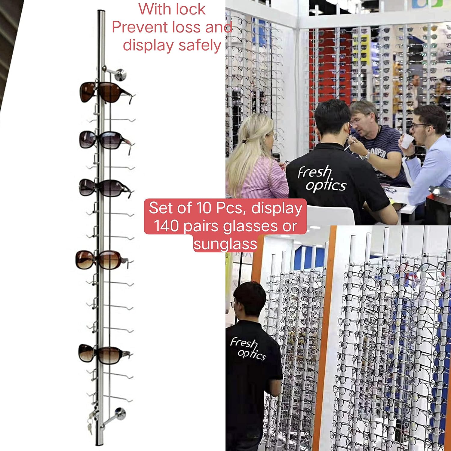 10 Set Retail Display 140 Pairs Wall Mount Eyeglass Sunglasses Display Stand Holder Rack With Lock, Multiple Glasses Organizer Hanging Sunglass Eye Glass Eyewear Display Rack