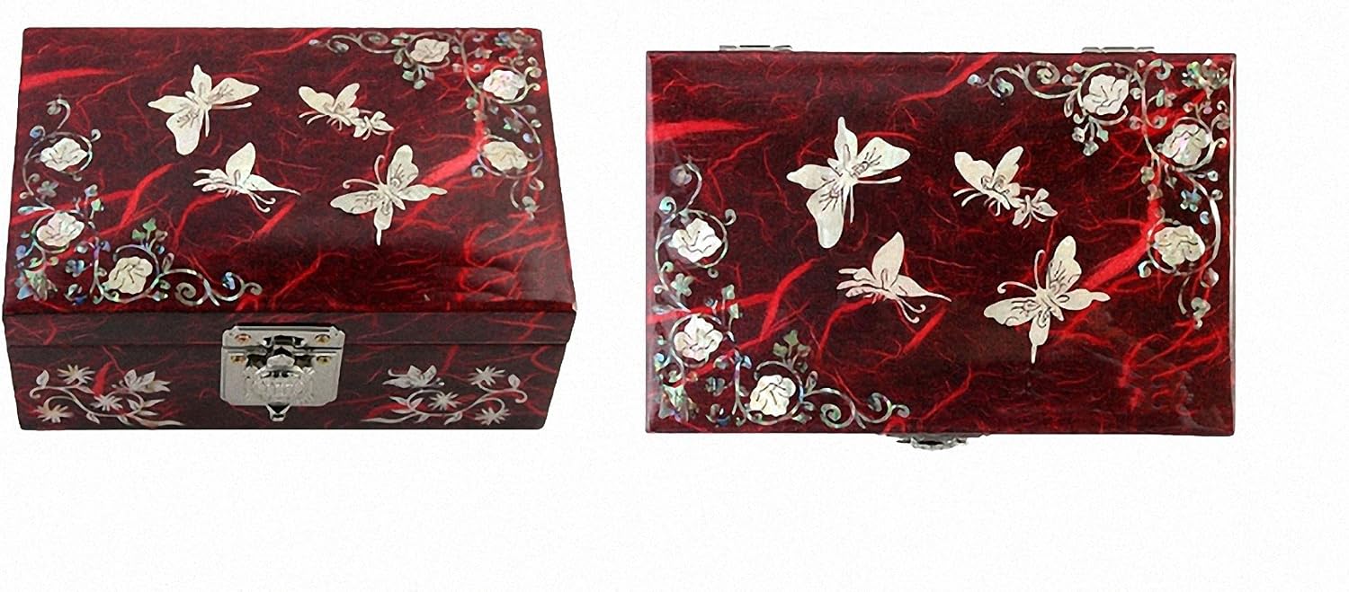 Antique Alive Mother of Pearl Inlay Design Jewelry Box, Wood Jewelry Box, Trinket Case, Keepsake Treasure Chest Box Organizer Holder (Red Butterfly)