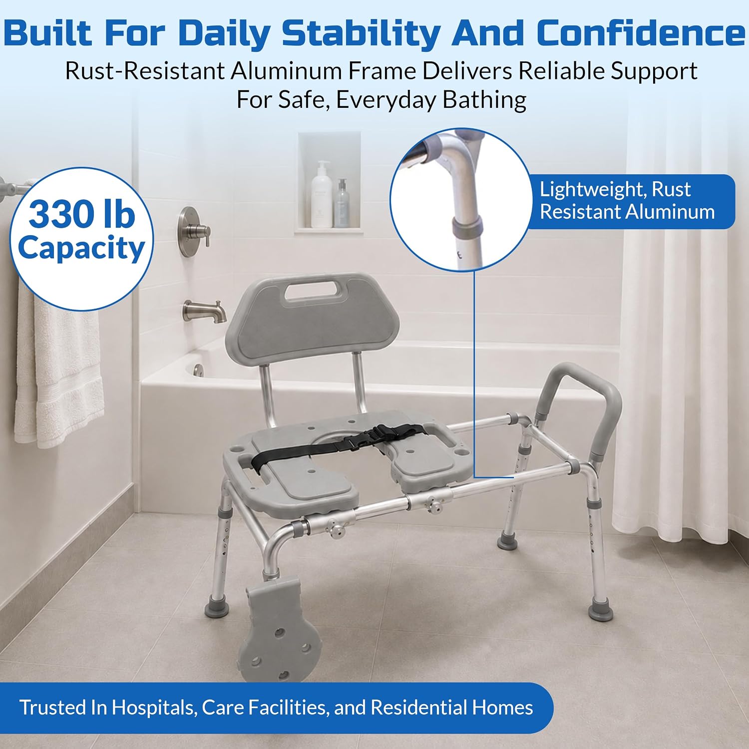 Platinum Health Sliding Shower Chair HydroGlyde Premium Heavy Duty, Padded Bathtub Transfer Bench with Cut Out Seat, for Bath Tub, Adjustable Legs, and Safety Belt, Quick Tool-Less Assembly, Gray