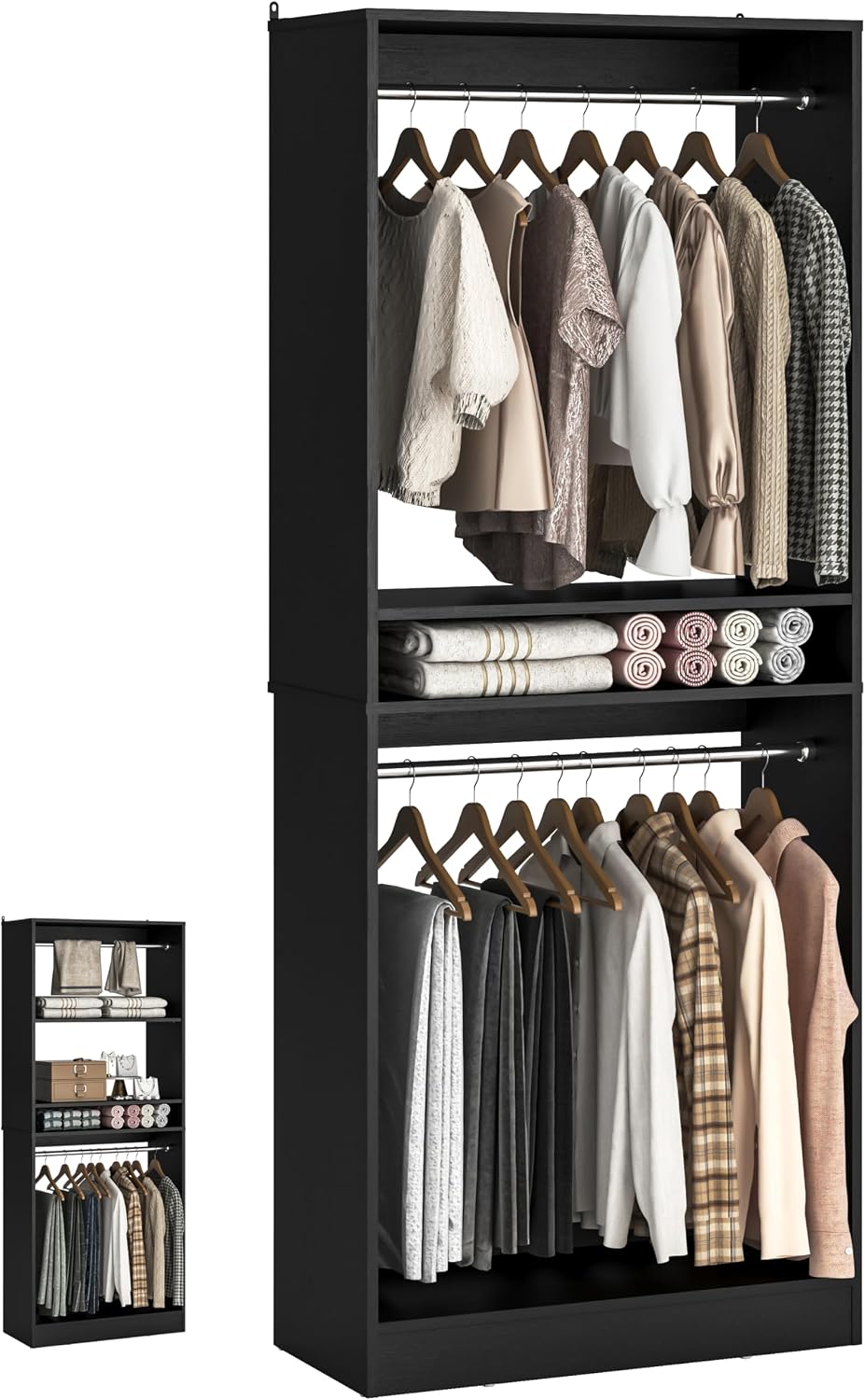 Unikito Freestanding Closet System, 25' Closet Organizer Wardrobe with Hanging Rod & Shelves, Adjustable Clothes Garment Rack, Sturdy Walk in Towers, Easy Assembly, 25' W x 16' D x 80' H, Black