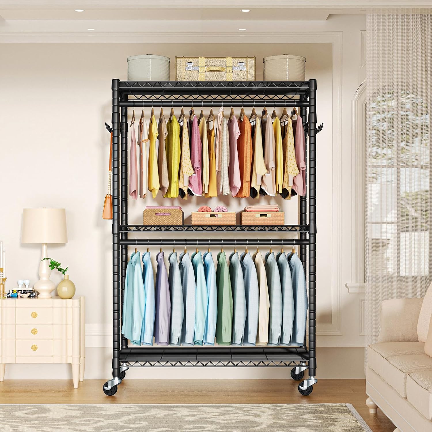 FUTASSI P1 Plus Rolling Clothes Rack, 22mm Diameter Heavy Duty Garment Rack with Wheels, Portable Closet Wardrobe with Double Rods, 45' W x 17.7' D x 80.5' H, Max Load 524 LBS, Black