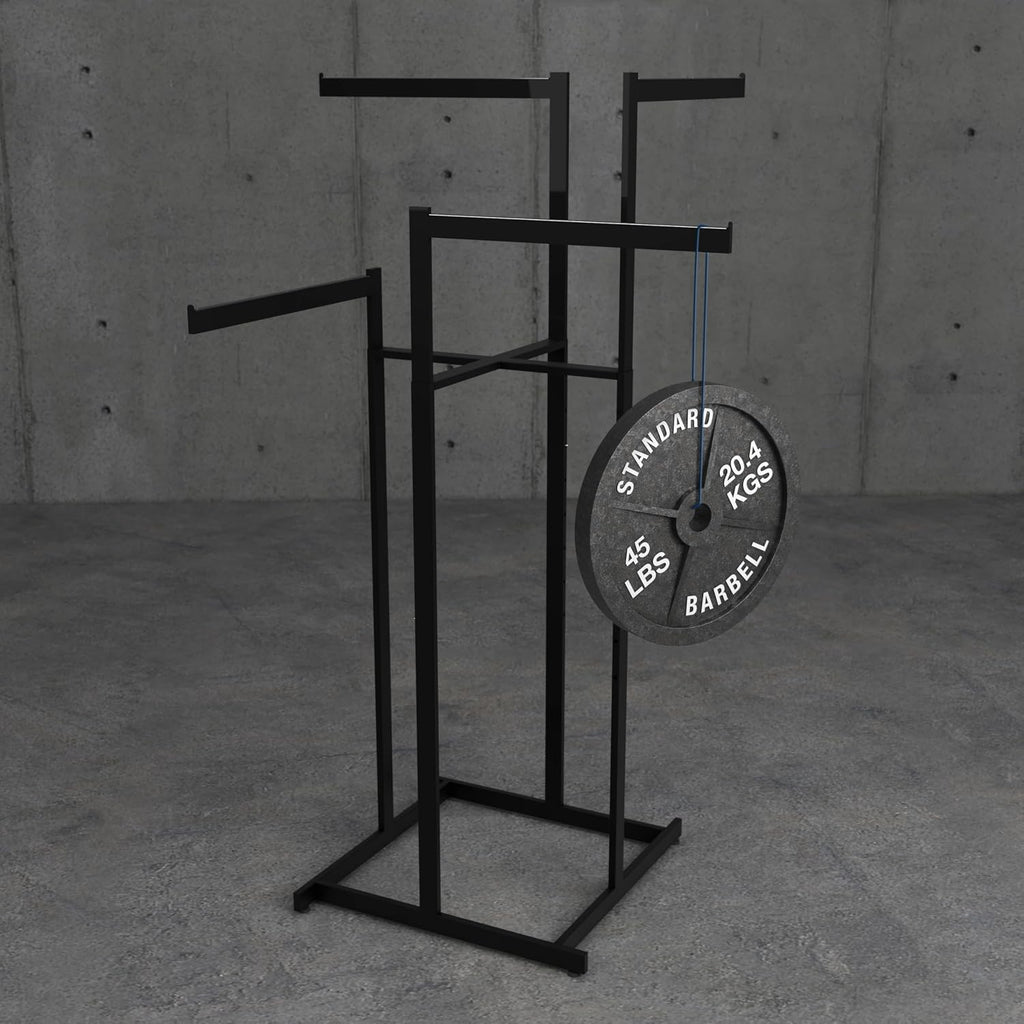 Econoco 4-Way Clothing Rack. Adjustable Straight Arm Garment Display with Rectangular Tubing and Tab Stops, Matte Black