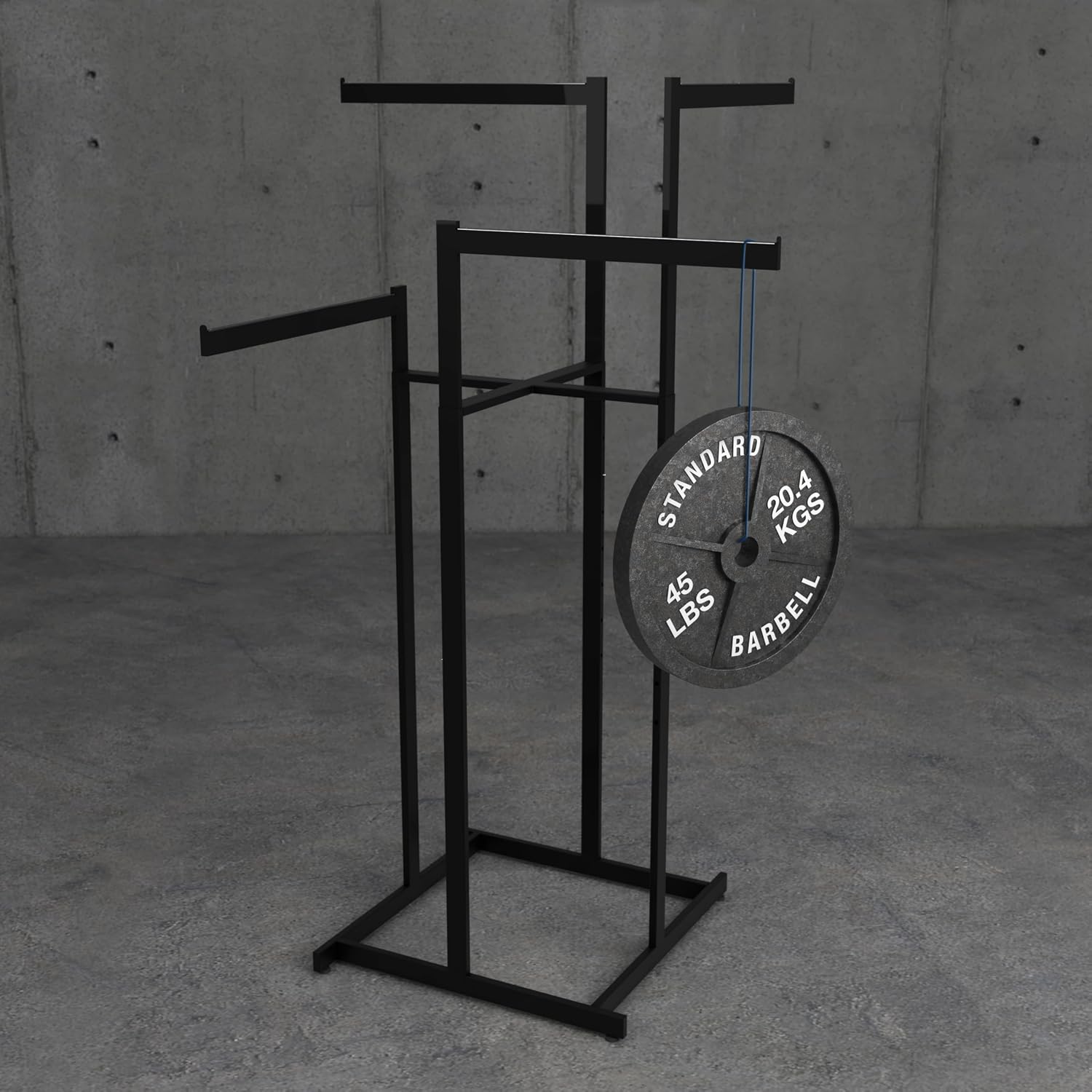 Econoco 4-Way Clothing Rack. Adjustable Straight Arm Garment Display with Rectangular Tubing and Tab Stops, Matte Black
