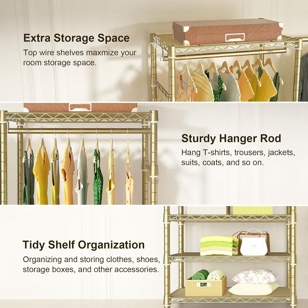 Ulif E1 Heavy Duty Closet Garment Rack, 6 Tiers Adjustable Metal Freestanding Expandable Clothing Storage with 4 Hanger Rods, Easy to Assemble Wardrobe, 71.4' H x (70' - 88.2') L x 14' D, Gold