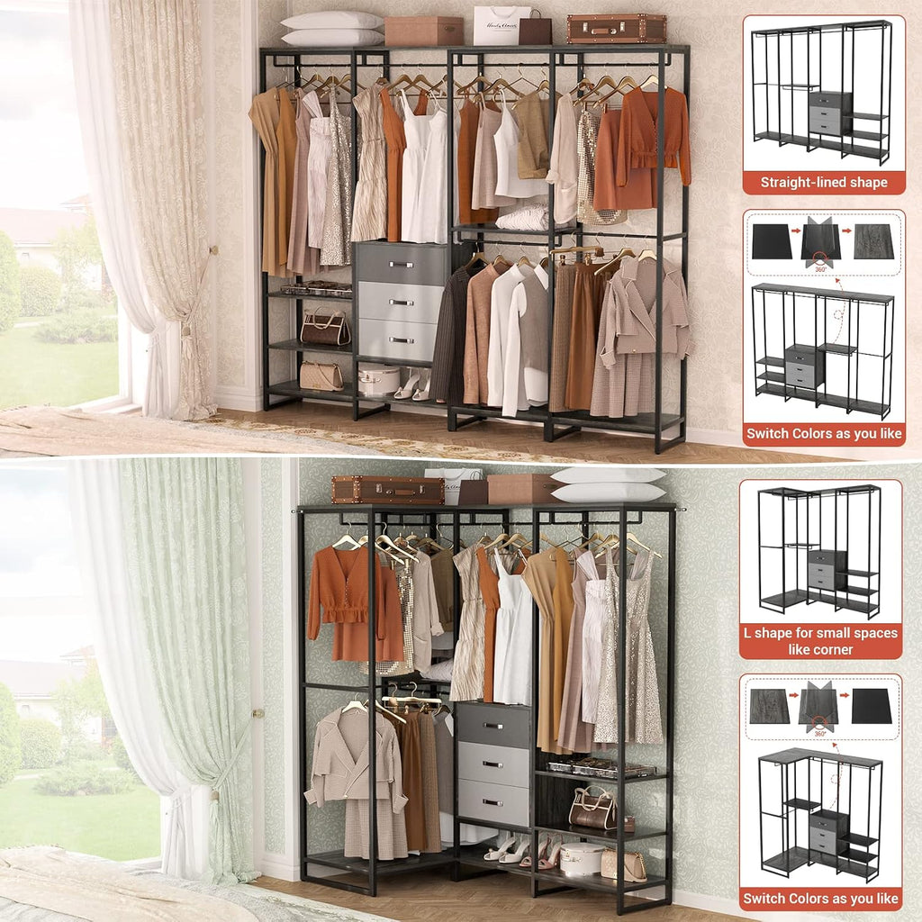 Aheaplus Wood Clothes Rack Wardrobe Organizer for Hanging Clothes, Heavy Duty Garment Rack, Large Corner L Shaped Closet System with 3 Wood Drawers, White and Grey