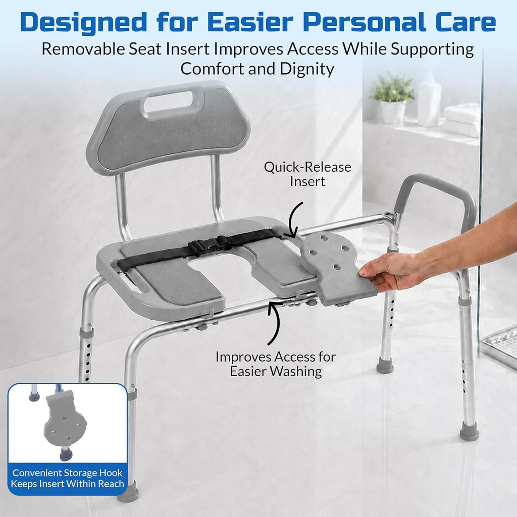 Platinum Health Sliding Shower Chair HydroGlyde Premium Heavy Duty, Padded Bathtub Transfer Bench with Cut Out Seat, for Bath Tub, Adjustable Legs, and Safety Belt, Quick Tool-Less Assembly, Gray
