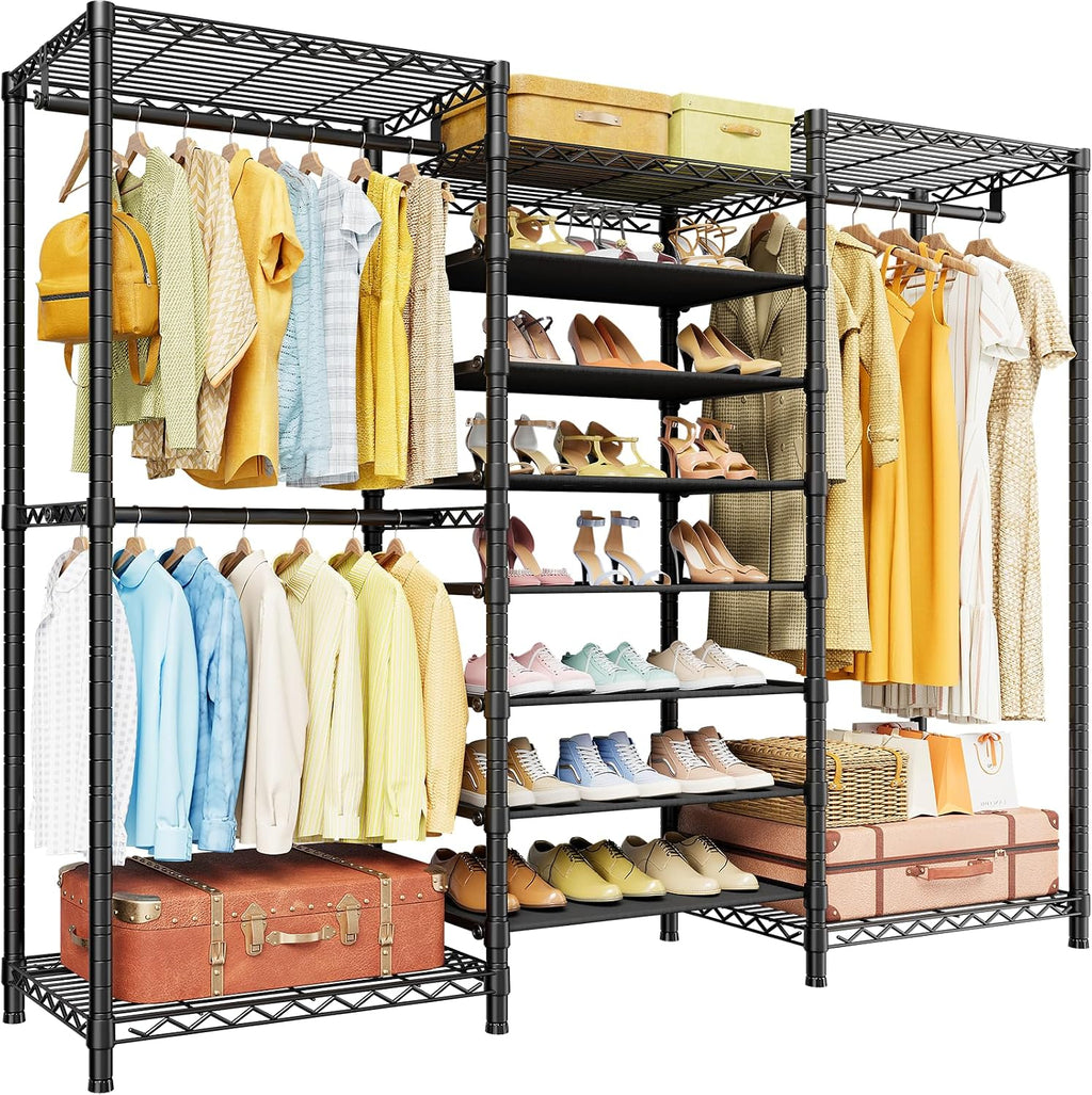 ULIFHOME E16 Heavy Duty Clothing Rack（with 7-Tier Adjustable Shoe Rack） Freestanding Clothes Rack for Hanging Clothes，Metal Closet Storage Organizer Large Wardrobe，69'' W x 15.8'' D x 76.2'' H，Black
