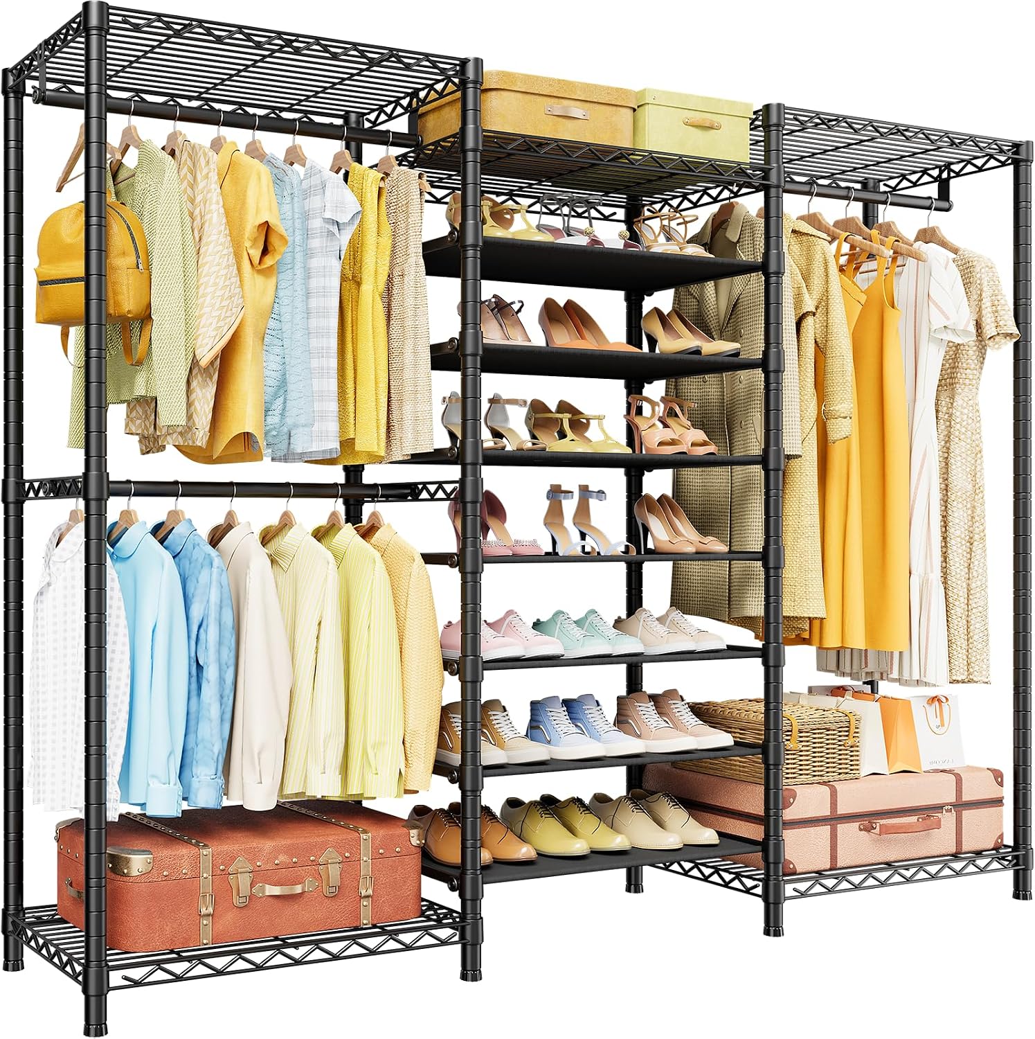 ULIFHOME E16 Heavy Duty Clothing Rack（with 7-Tier Adjustable Shoe Rack） Freestanding Clothes Rack for Hanging Clothes，Metal Closet Storage Organizer Large Wardrobe，69'' W x 15.8'' D x 76.2'' H，Black