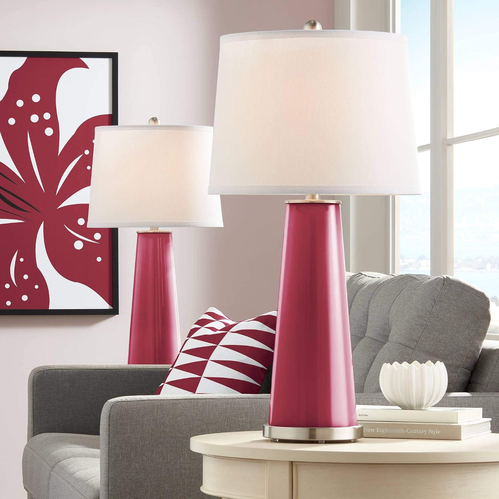 Color + Plus Leo Modern Table Lamps 29 1/2' Tall Set of 2 Antique Red Glass Tapered Column Plain White Drum Shade Decor for Bedroom Living Room House Home Bedside Nightstand Office Family