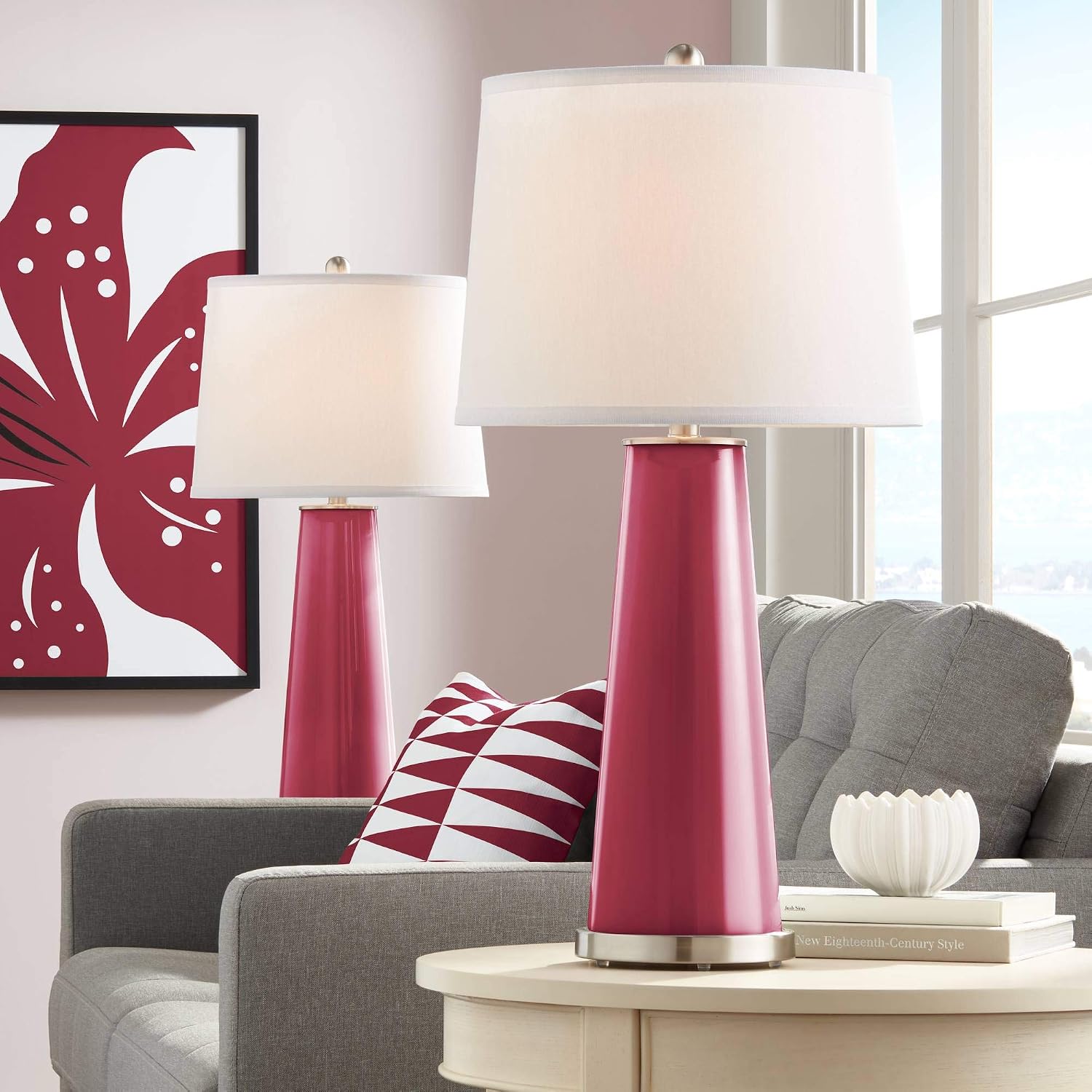Color + Plus Leo Modern Table Lamps 29 1/2' Tall Set of 2 Antique Red Glass Tapered Column Plain White Drum Shade Decor for Bedroom Living Room House Home Bedside Nightstand Office Family