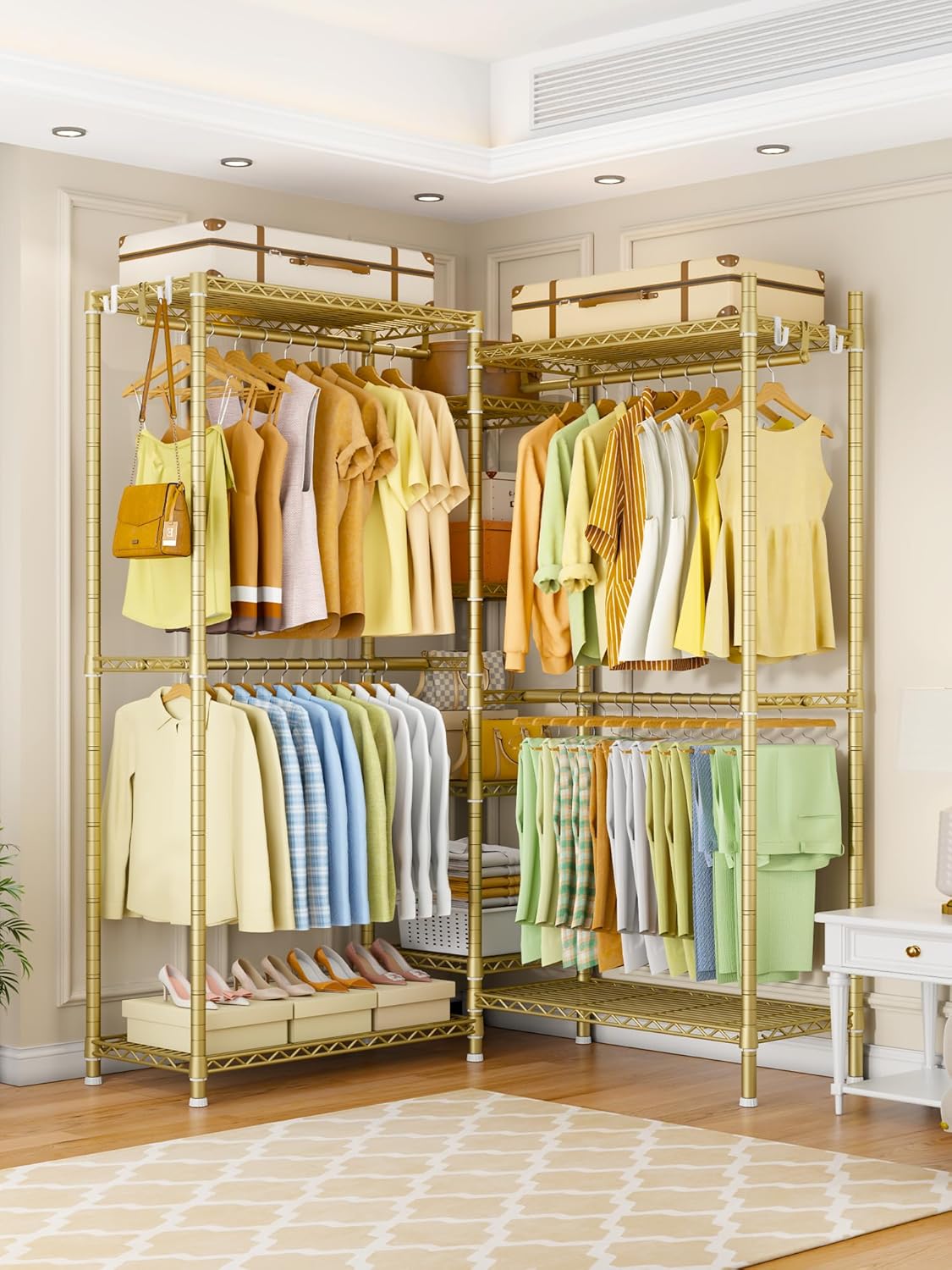 Ulif E4 Clothes Rack, Heavy-Duty Garment Rack, Metal Freestanding Clothing Organization Storage System Can Be L-Shaped with Shelves and Hangers, Max Load 962lbs, 71.6' W x 14.5' D x 79.3' H, Gold