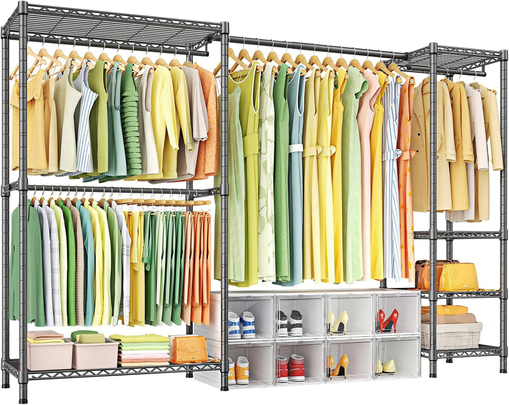 Ulif E10 Clothes Rack（With Stretchable Hanger Rod）Freestanding Clothing Racks for Hanging Clothes，Adjustable Closet Organizer System，Portable Garment Rack 73-97' W x 15' D x 72' H，Max Load 800LBS，Grey