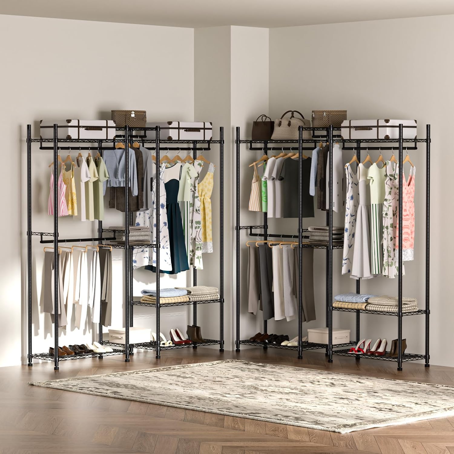 Garment Rack Heavy Duty Clothes Rack Adjustable Freestanding Metal Portable Wardrobe Closet Rack with Shelves for Hanging Clothes - 72' L x 14' W x 75' H, Black